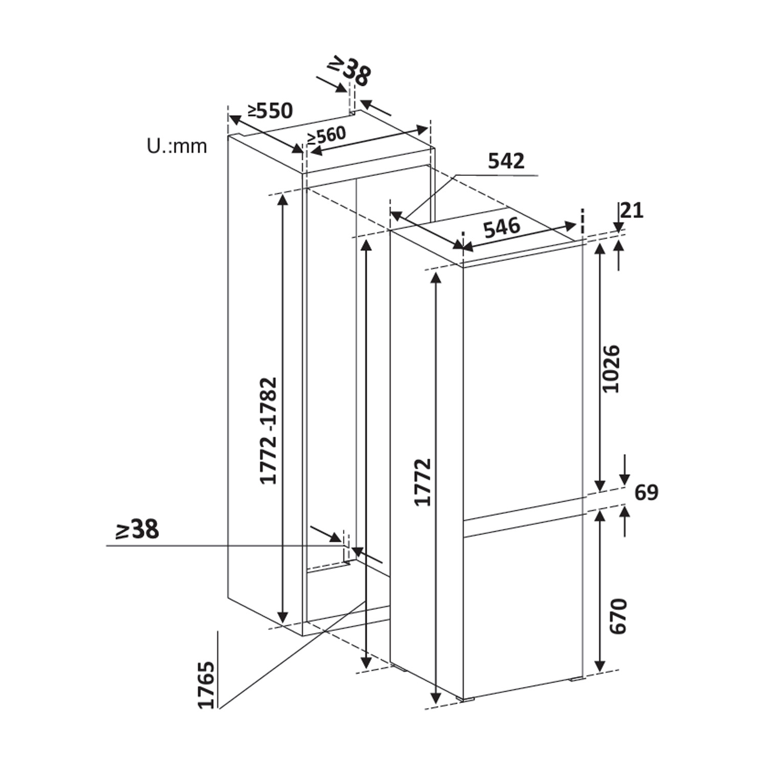 Disegno tecnico con dimensioni per elettrodomestici da incasso, dimensioni in mm.