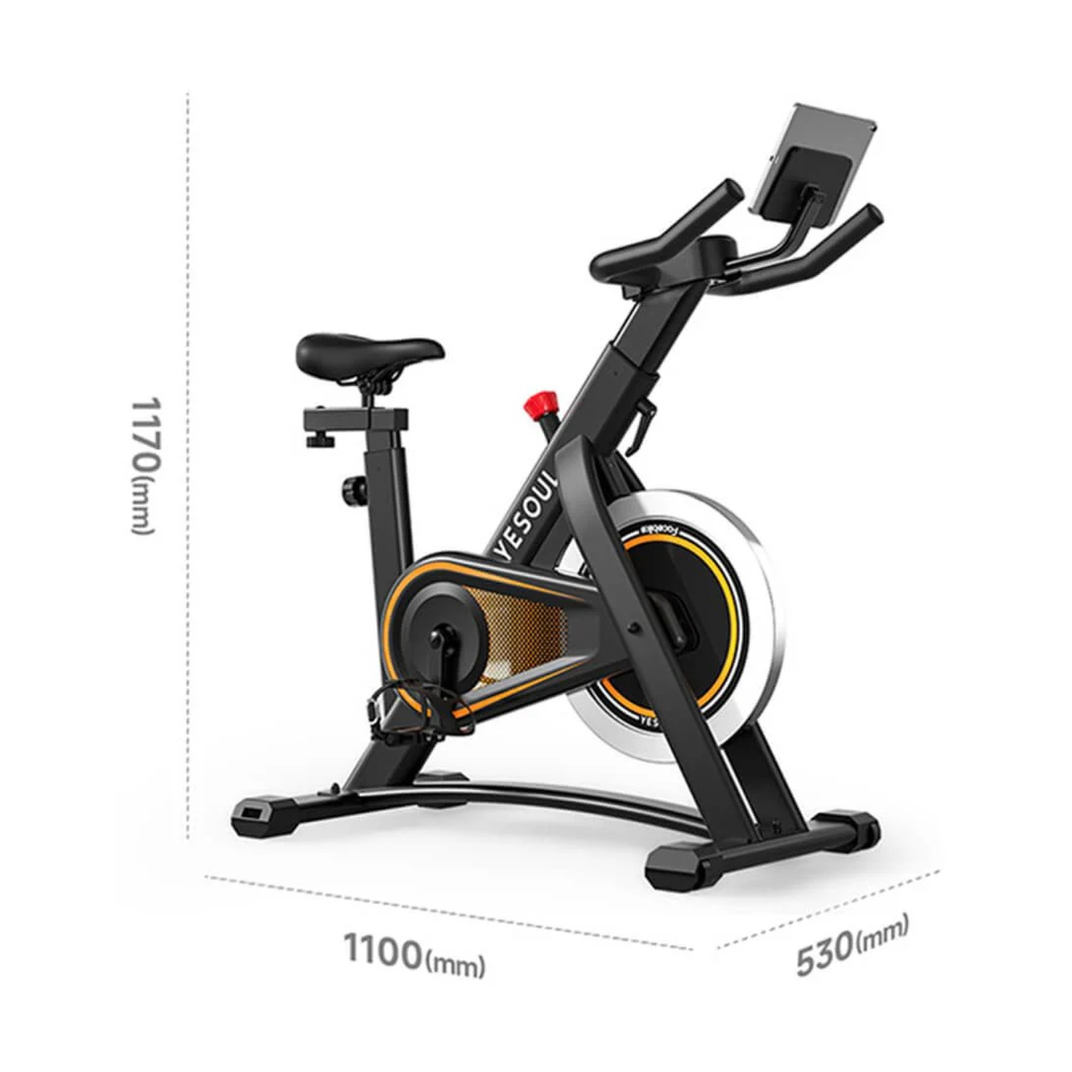 Cyclette nera con supporto per tablet, su sfondo bianco.