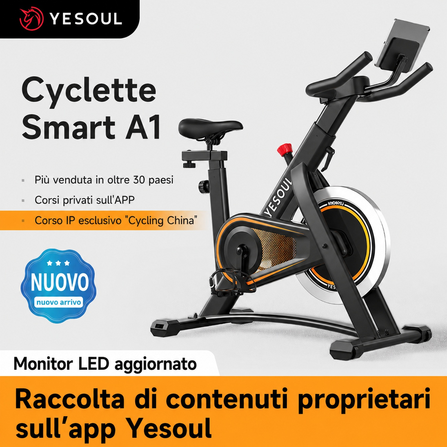 Cyclette nera con supporto per tablet e logo YESOUL.