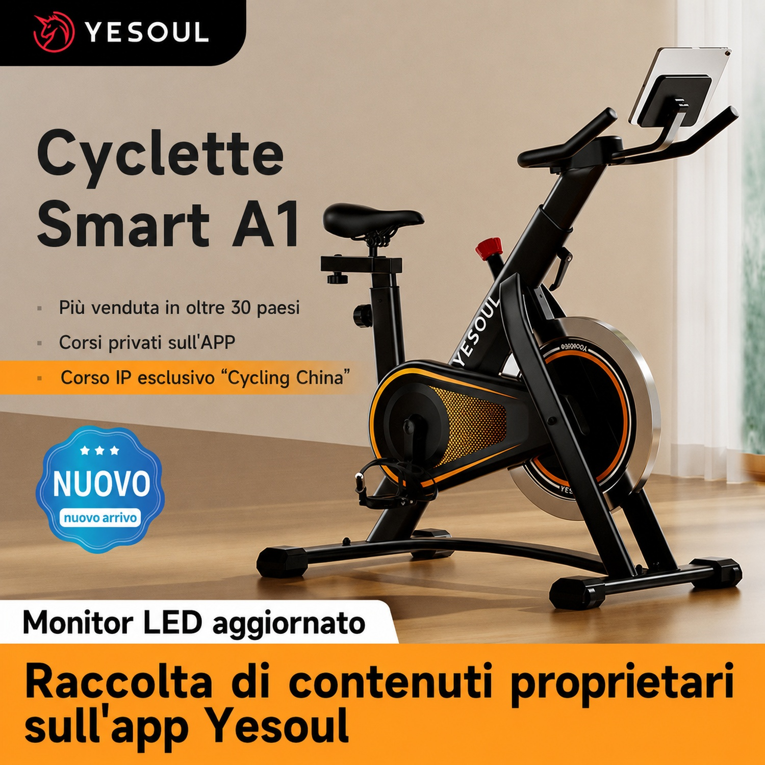 Una cyclette smart nera con porta tablet e logo YESOUL.