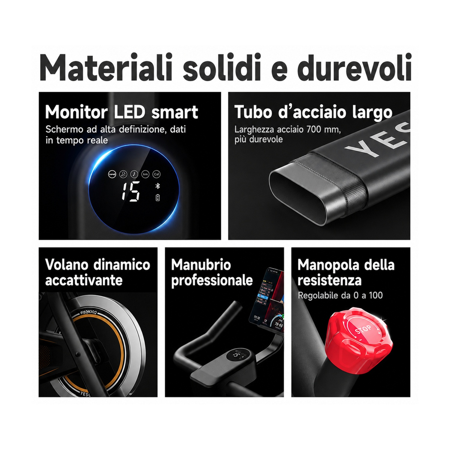 Dettagli attrezzatura fitness: monitor LED, tubo acciaio, volano, manubrio e manopola rossa.