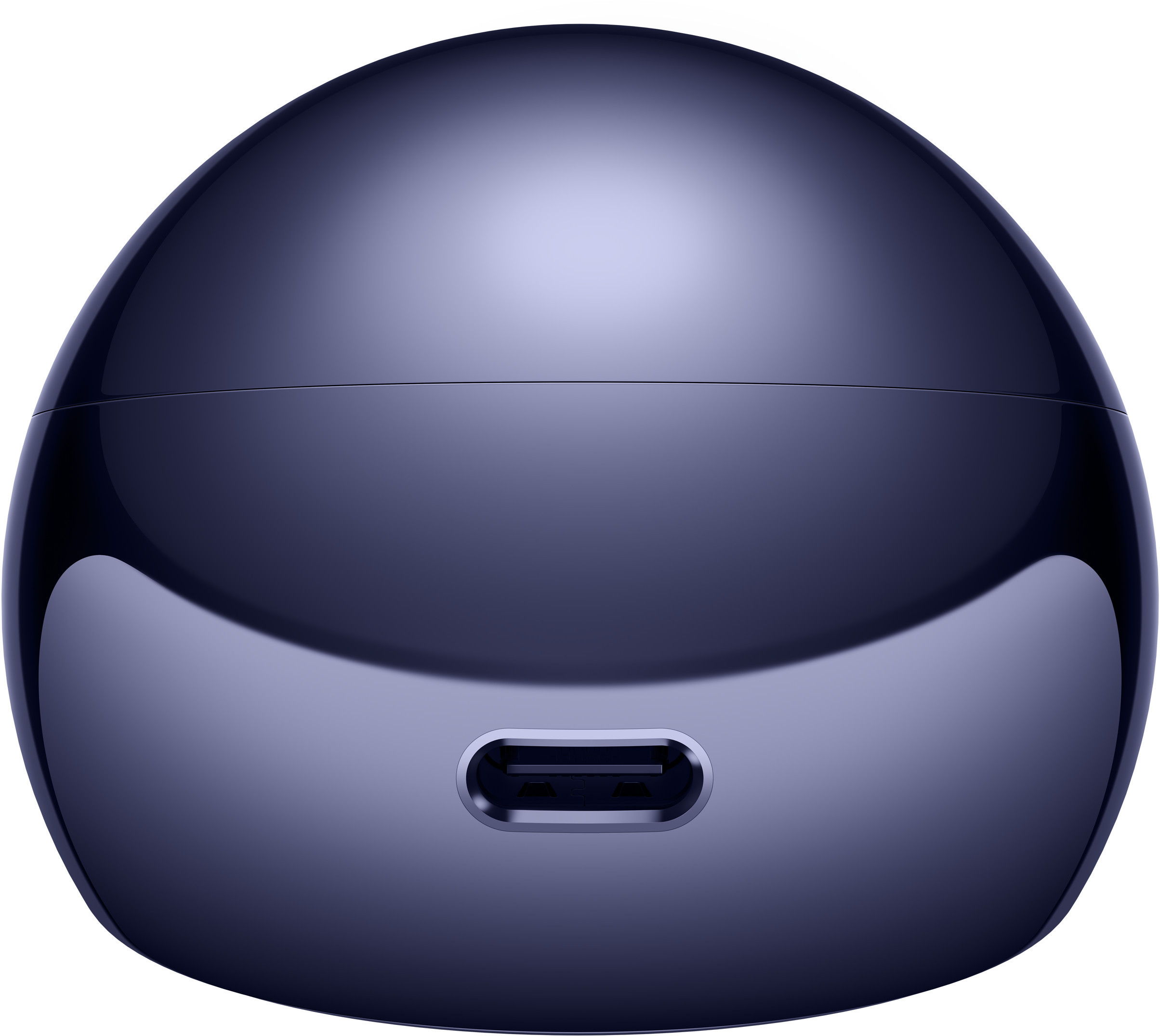 Okrągłe, ciemnoniebieskie etui ładujące do słuchawek z portem USB-C.