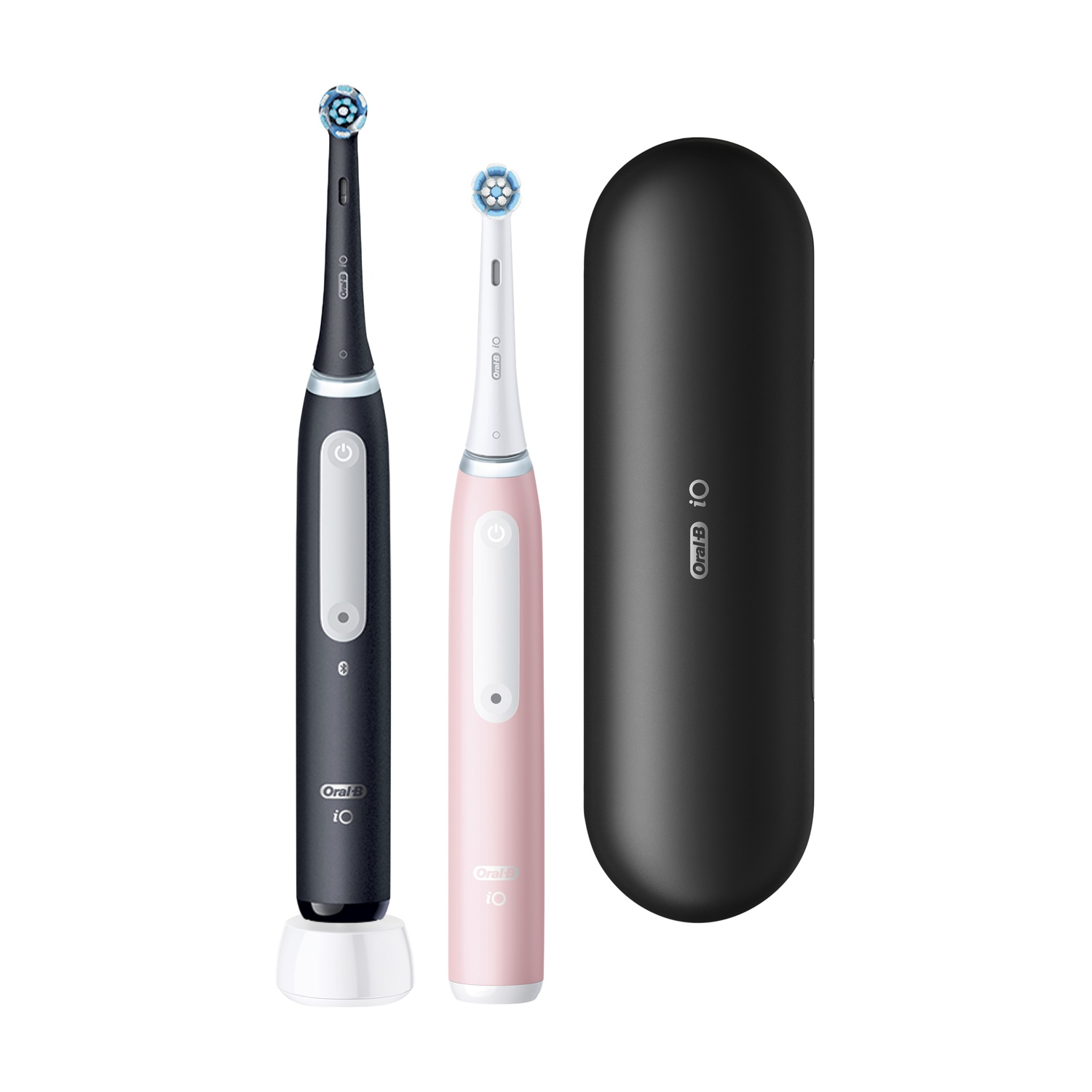 Spazzolini elettrici Oral-B neri e rosa con custodia da viaggio nera.