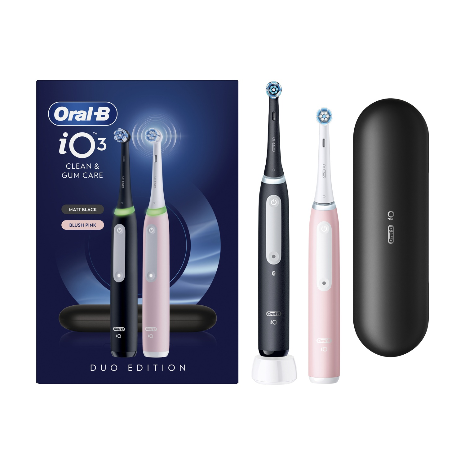 Due spazzolini elettrici Oral-B iO3, nero e rosa, con base di ricarica e custodia nera.