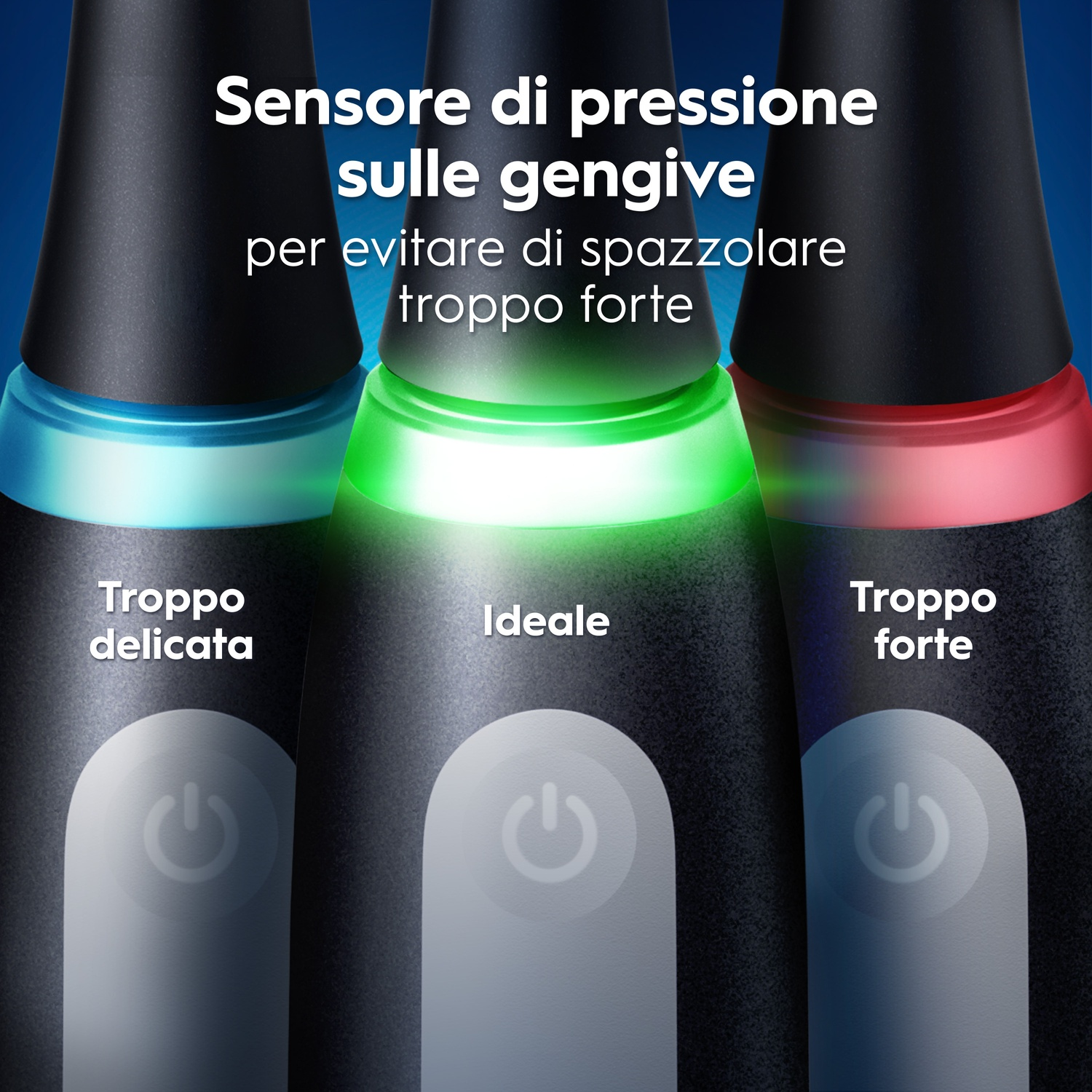 Tre testine con sensore di pressione: blu troppo delicato, verde ideale, rosso troppo forte.