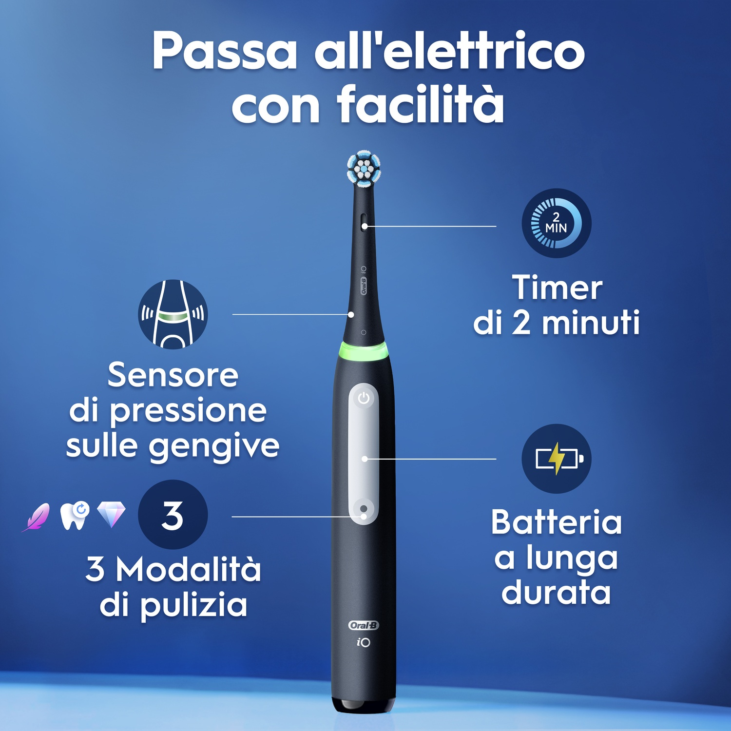 Spazzolino elettrico nero con 3 modalità di pulizia, sensore di pressione e timer 2 min.