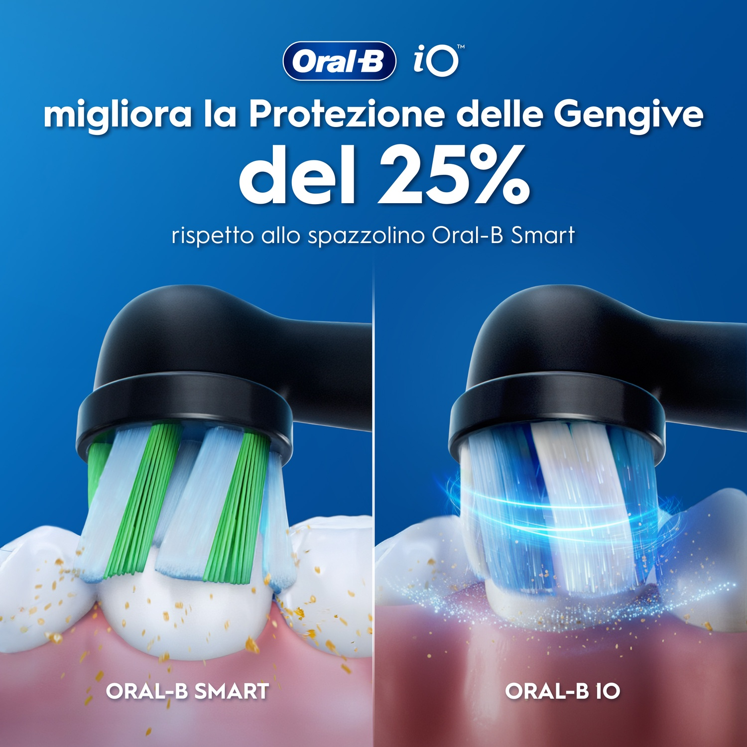 Spazzolino Oral-B iO pulisce denti e gengive con luci blu.