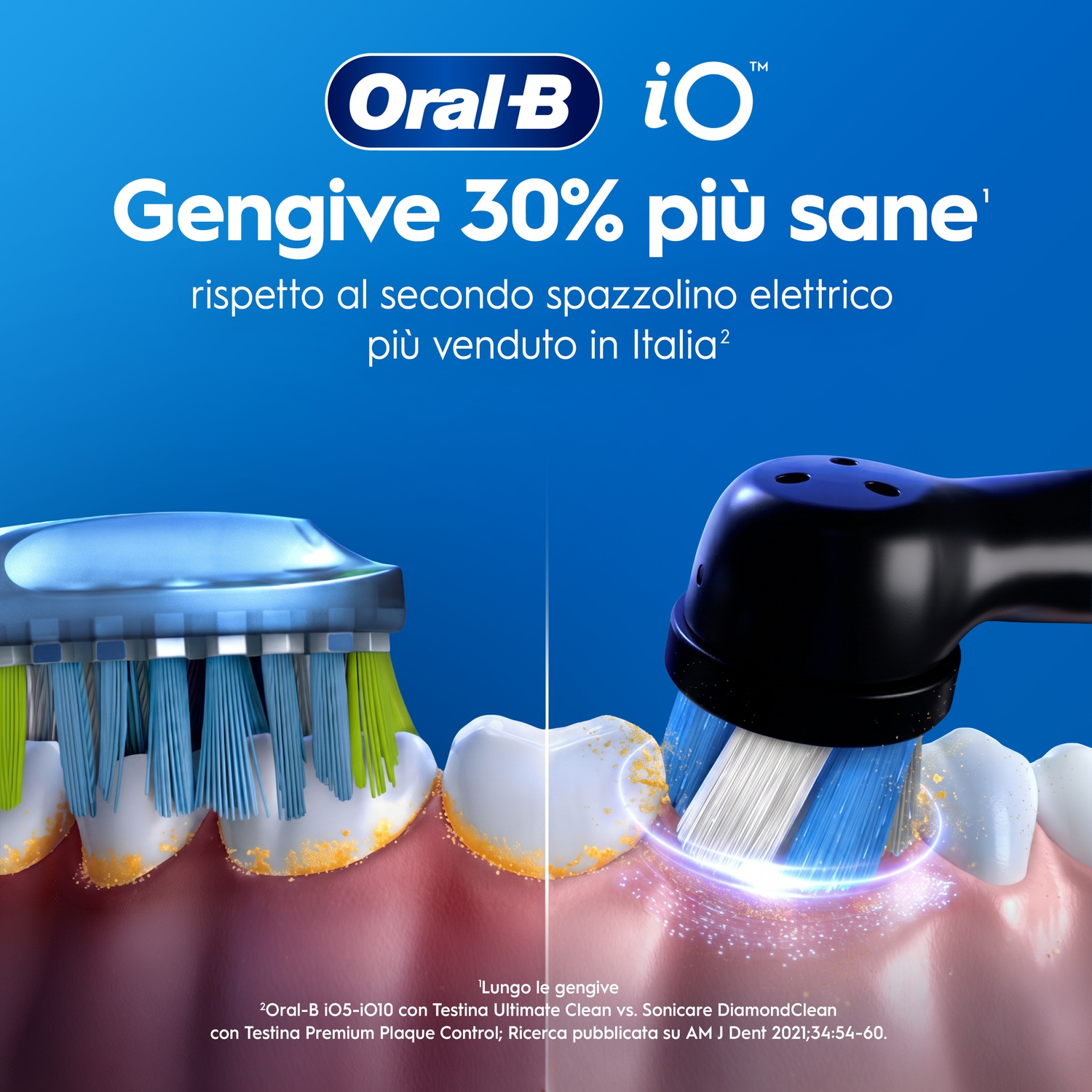 Spazzolino Oral-B iO pulisce denti e gengive, rimuovendo placca.