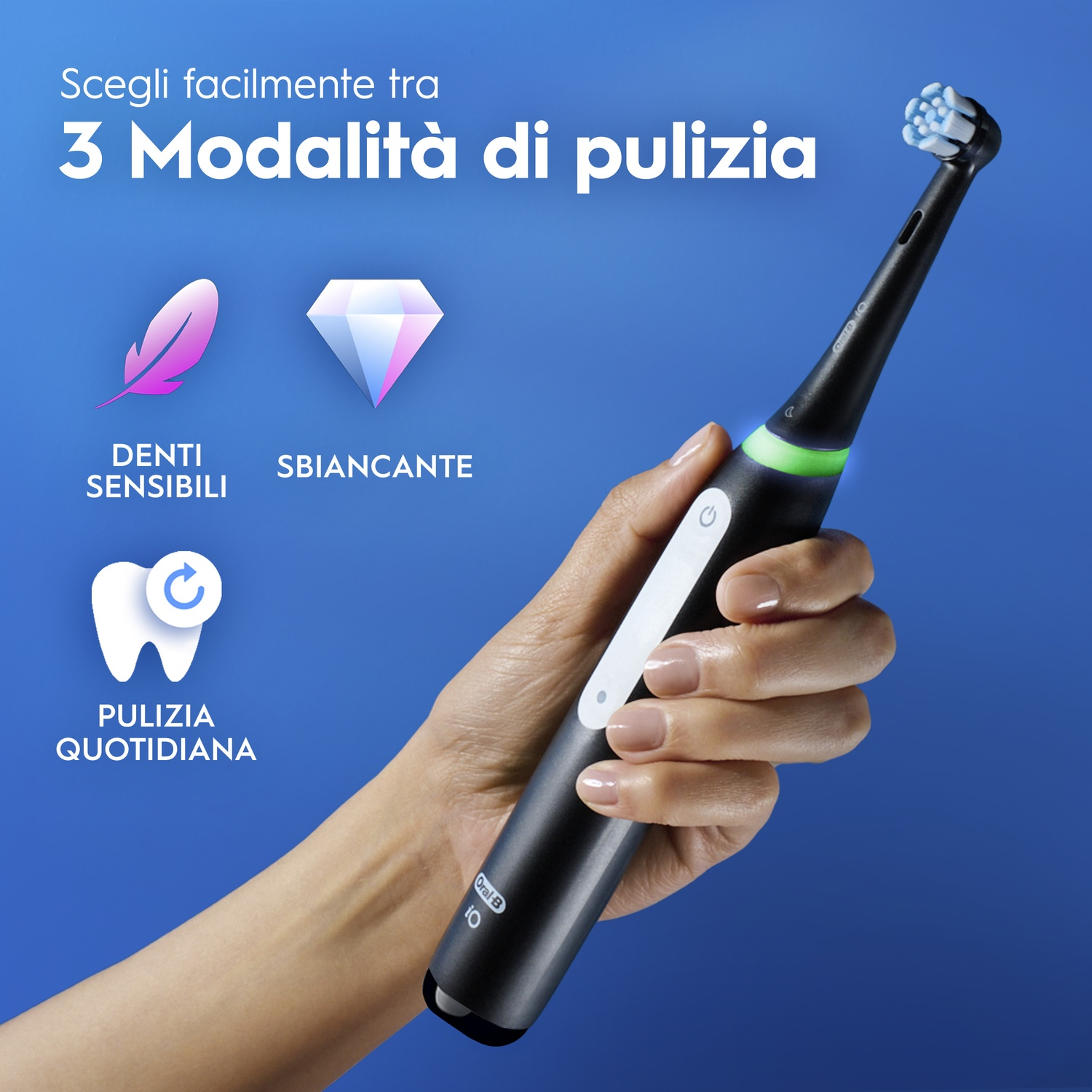 Spazzolino elettrico nero con tre modalità di pulizia: Denti sensibili, sbiancante, pulizia quotidiana.