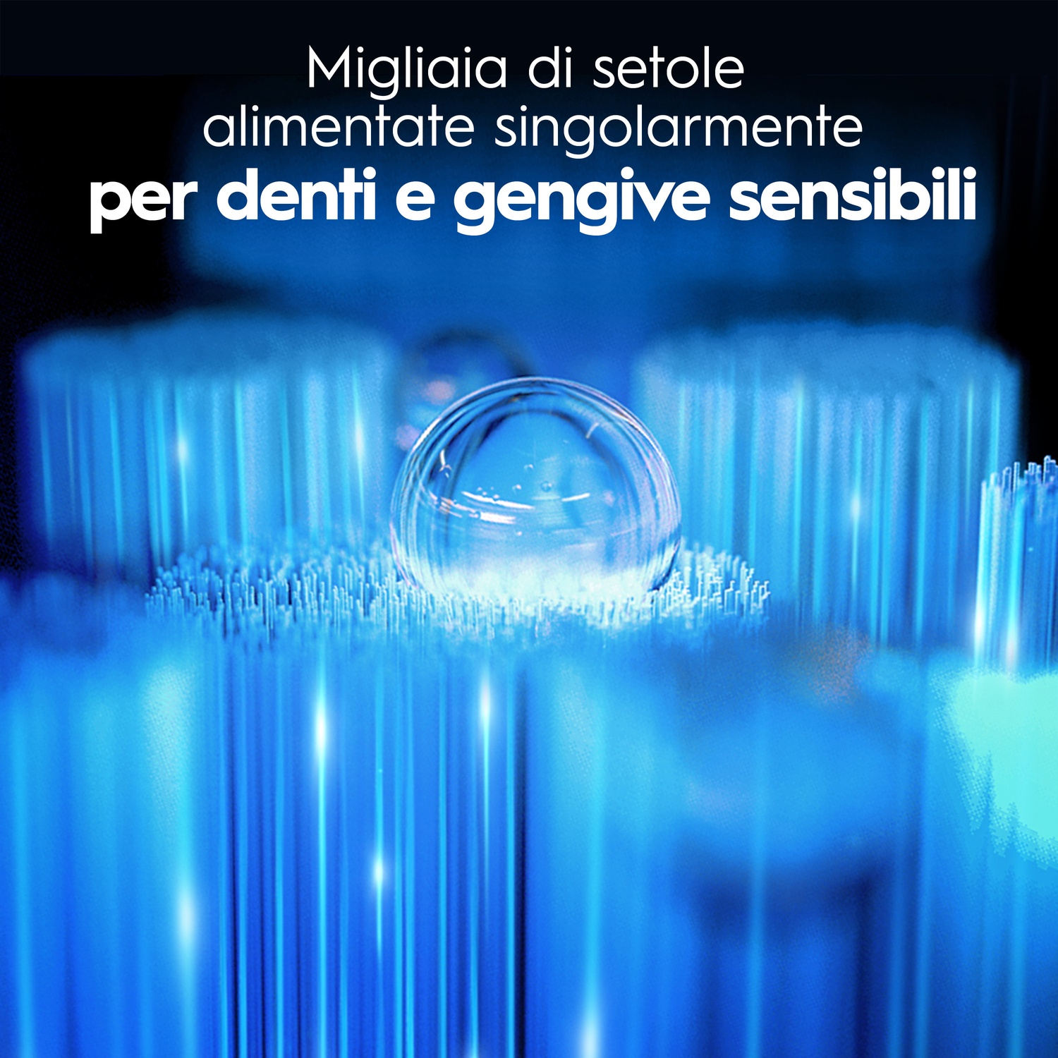 Goccia d'acqua su setole blu con testo italiano.