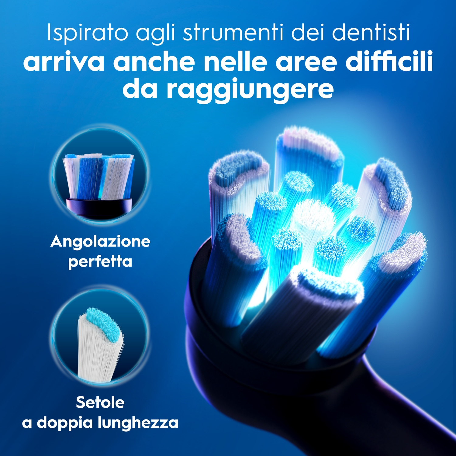 Testina di spazzolino elettrico con setole blu e bianche, ispirata agli strumenti dentali.