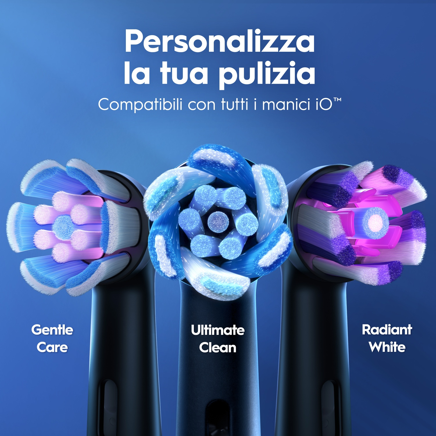 Tre testine per spazzolino elettrico: Gentle Care, Ultimate Clean, Radiant White.