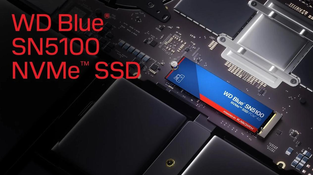 WD Blue SN5100 NVMe SSD auf einer Platine, mit Text und technischen Details.