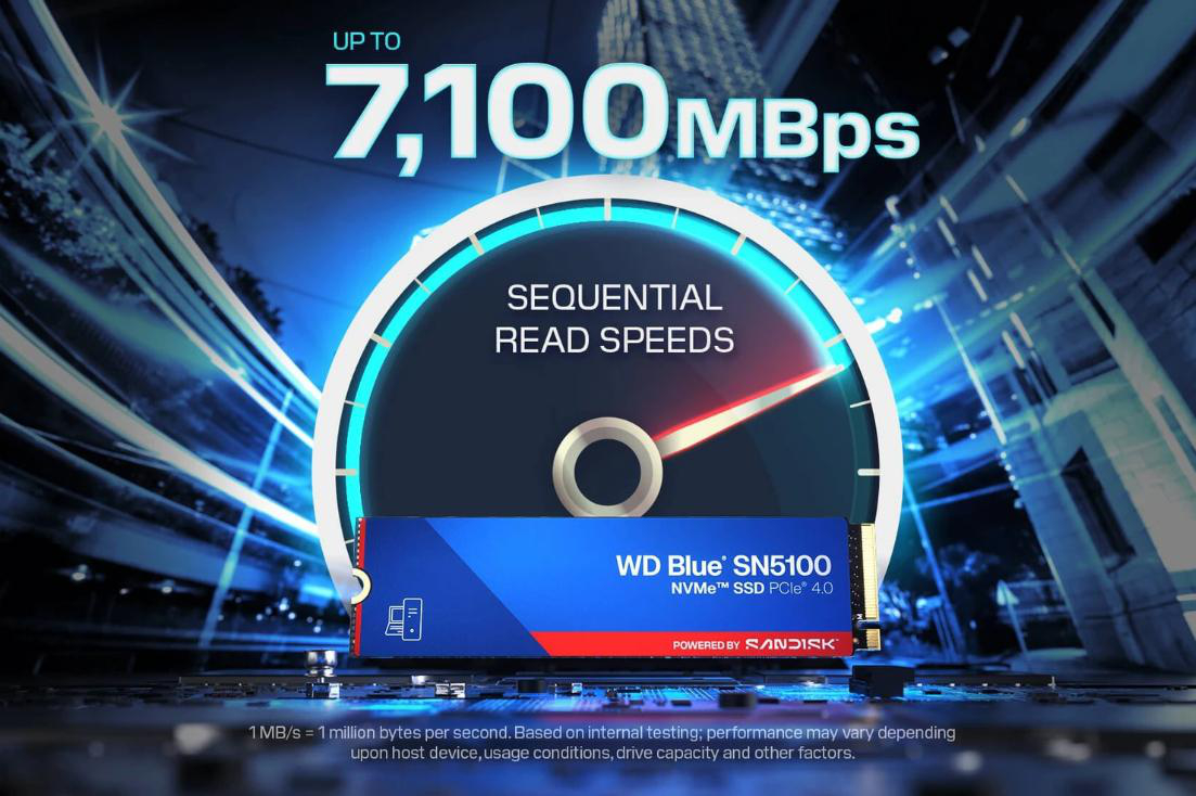Tachometer zeigt bis zu 7.100 MB/s sequentielle Lesegeschwindigkeiten für WD Blue SN5100 SSD.