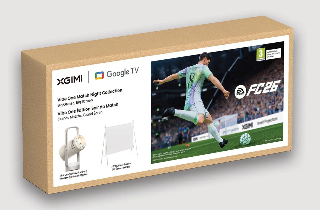 XGIMI Vibe One Box zeigt Fußballspiel, Projektor und Leinwand. Google TV Logo.