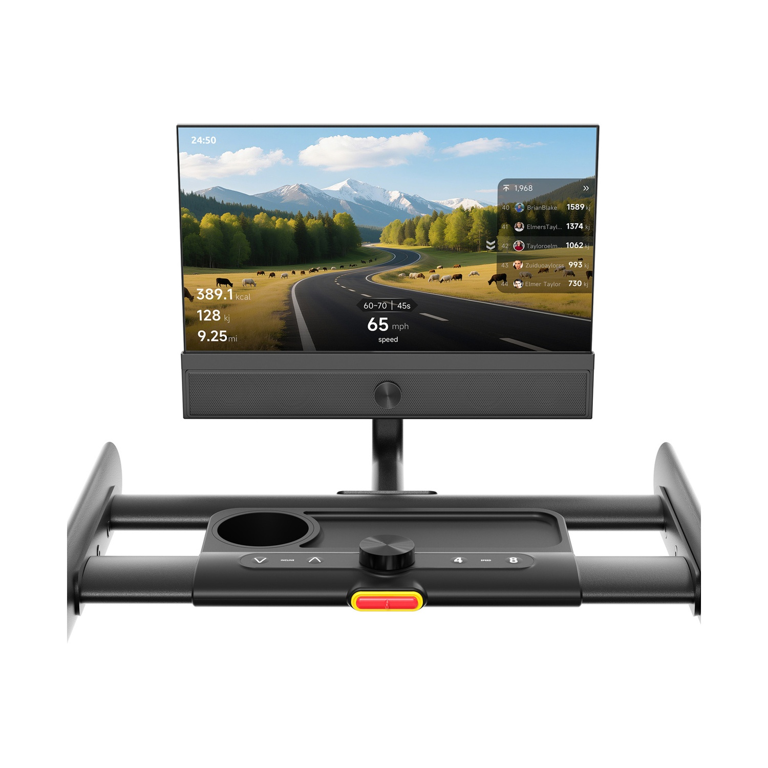 Console per tapis roulant con schermo che mostra un paesaggio virtuale con mucche.