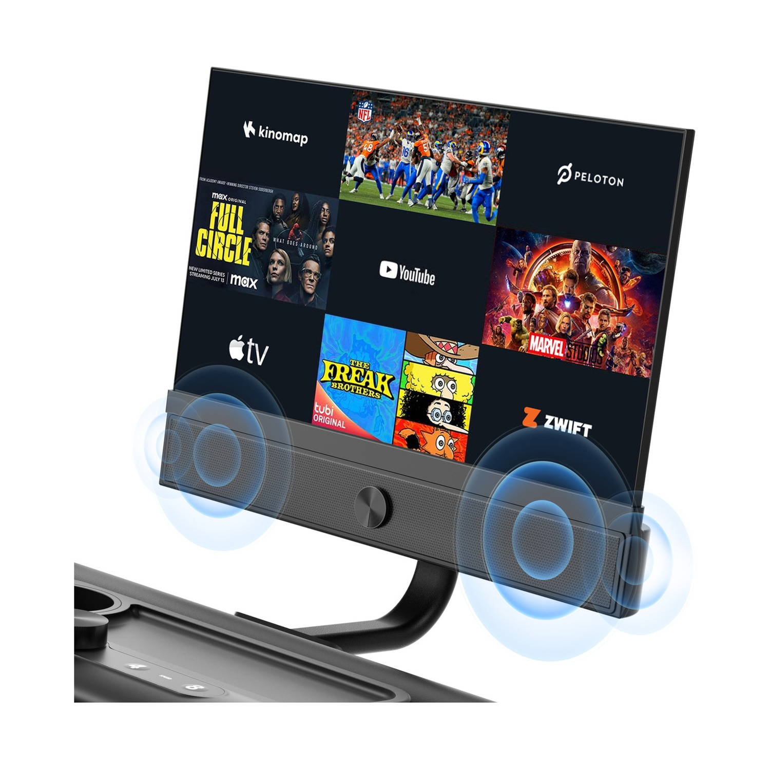 Uno schermo mostra app di streaming: Kinomap, NFL, Peloton, Max, YouTube, Marvel Studios, Apple TV, Tubi e Zwift.
