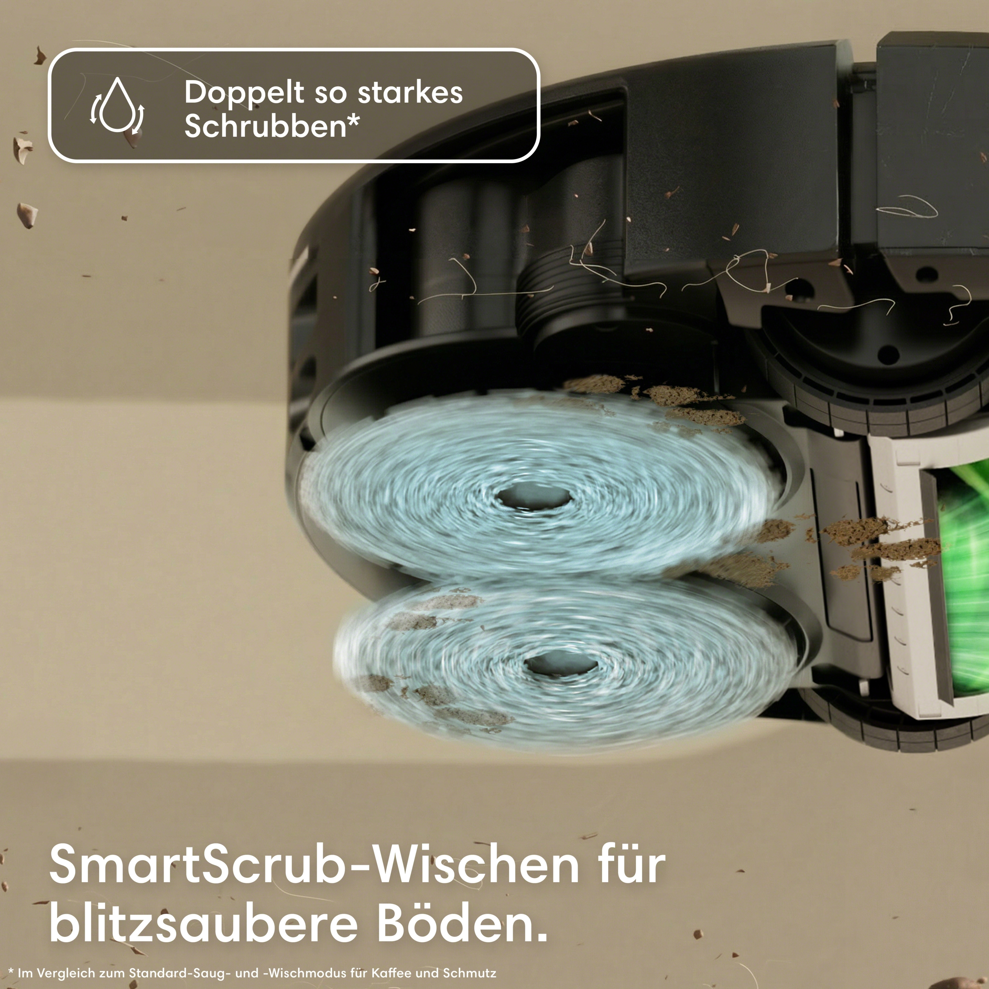 Roboter saugt und wischt mit zwei rotierenden Bürsten, die Schmutz aufwirbeln.