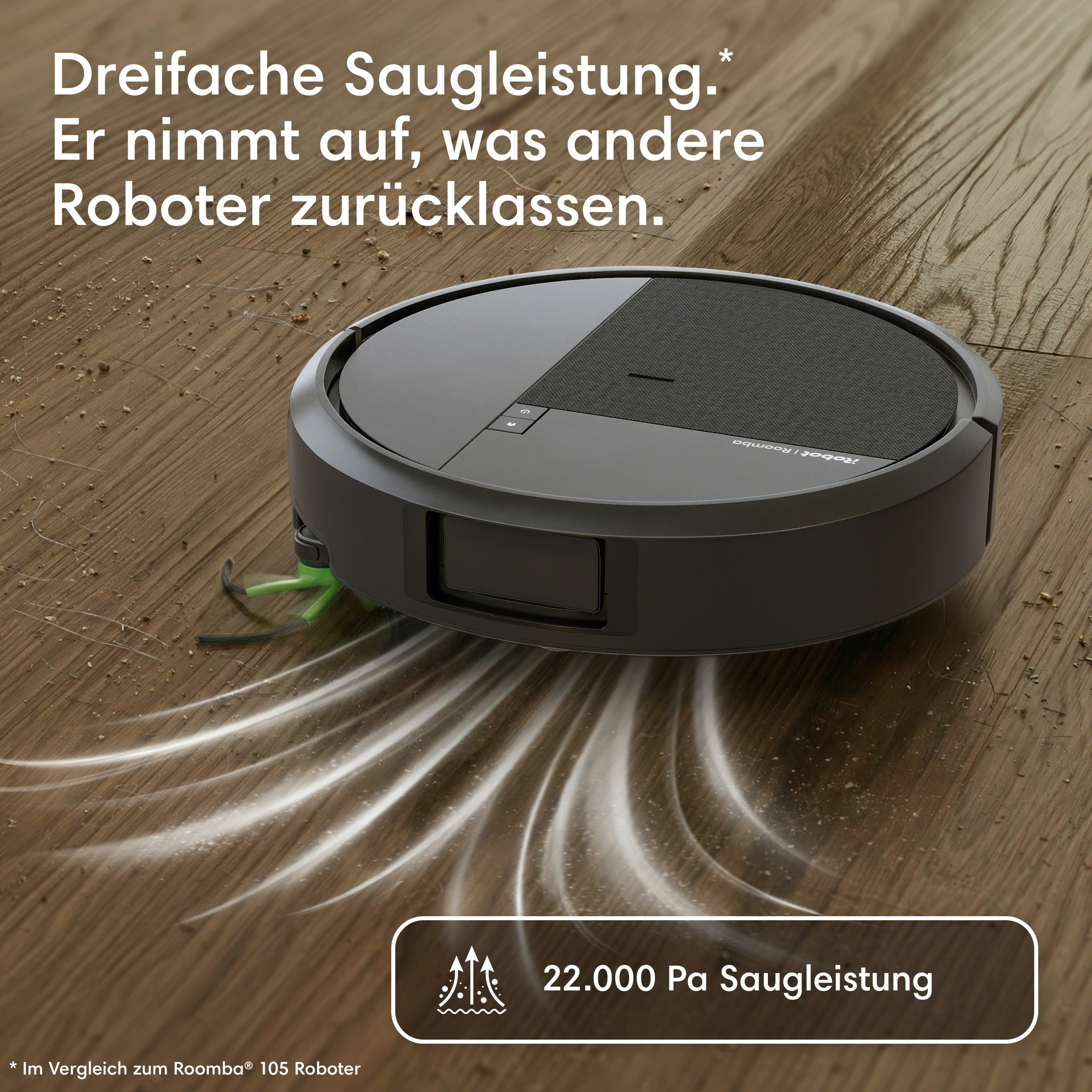 Ein grauer Saugroboter auf Holzboden reinigt Schmutz und Staub.