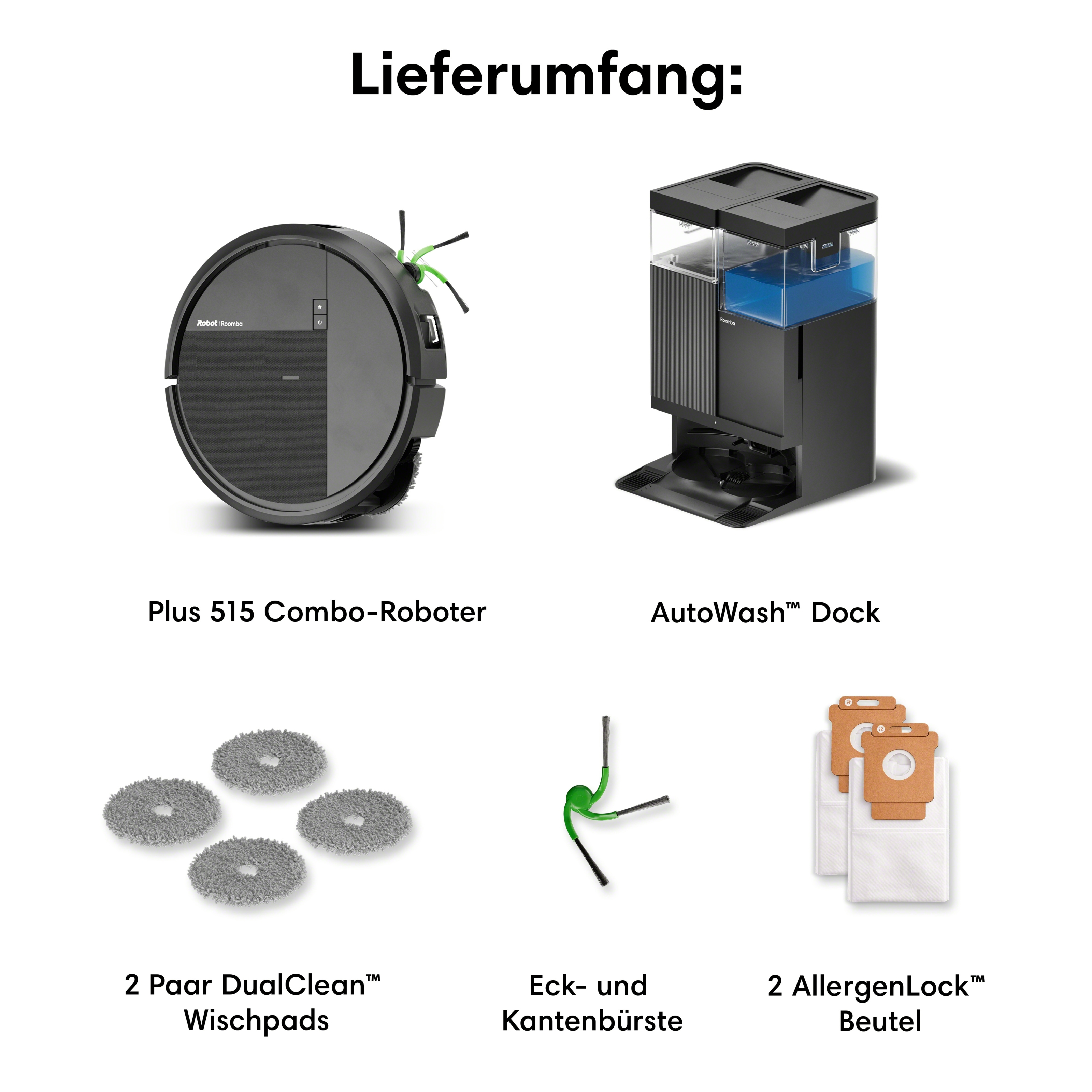 Roomba Roboter, Dock, Wischpads, Bürsten und Staubbeutel.