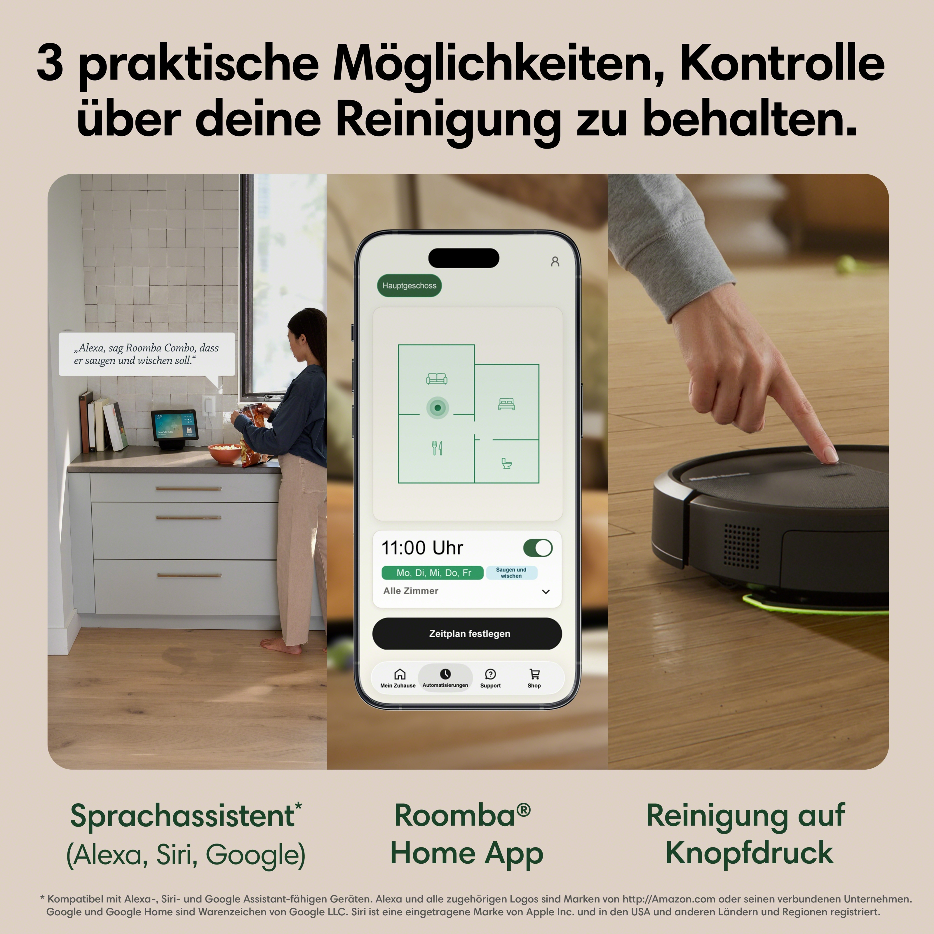 Drei Szenen zeigen Sprachsteuerung, App-Planung und manuelle Steuerung eines Saugroboters.