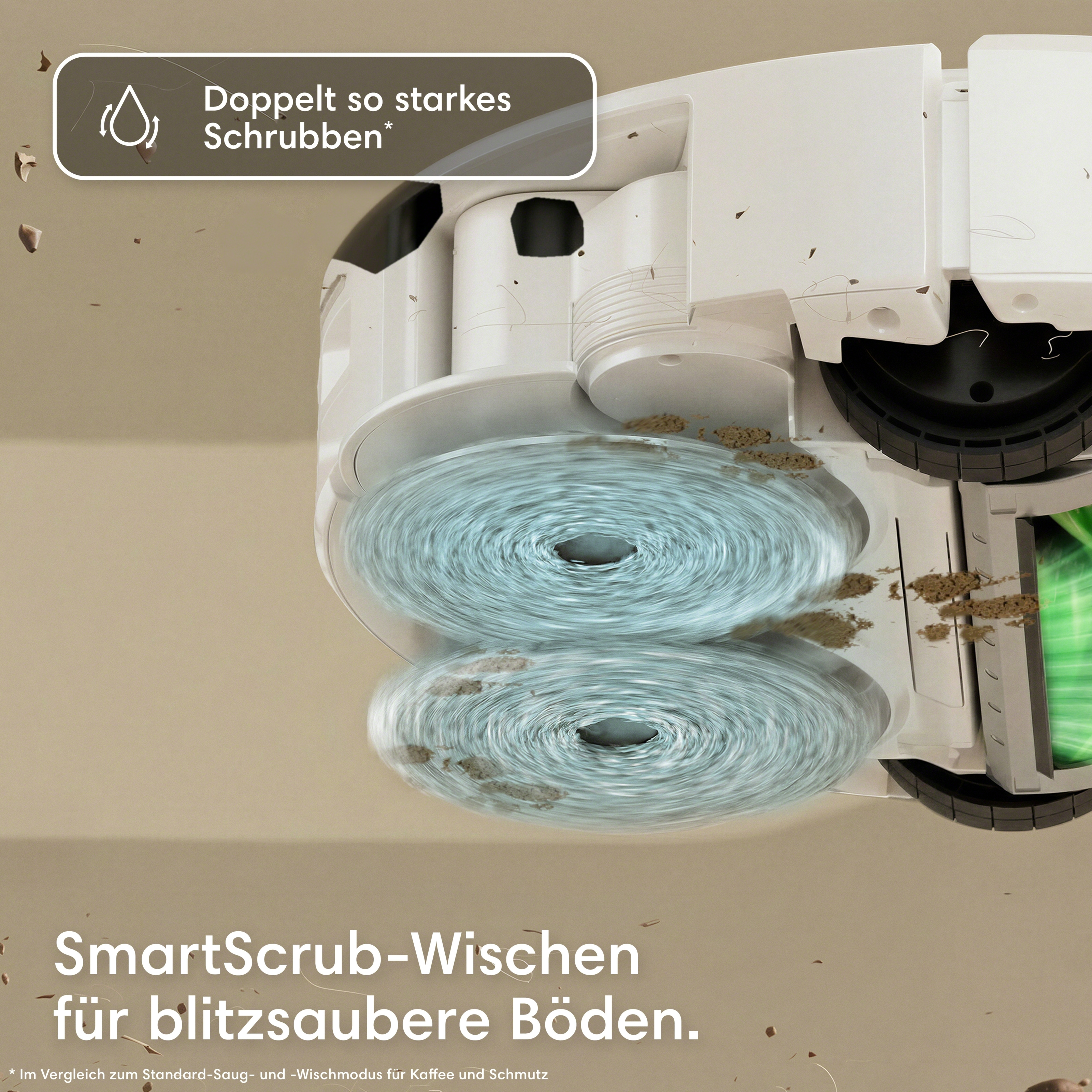 Ein Saugroboter mit rotierenden Bürsten, der Schmutz aufsaugt und Böden wischt.