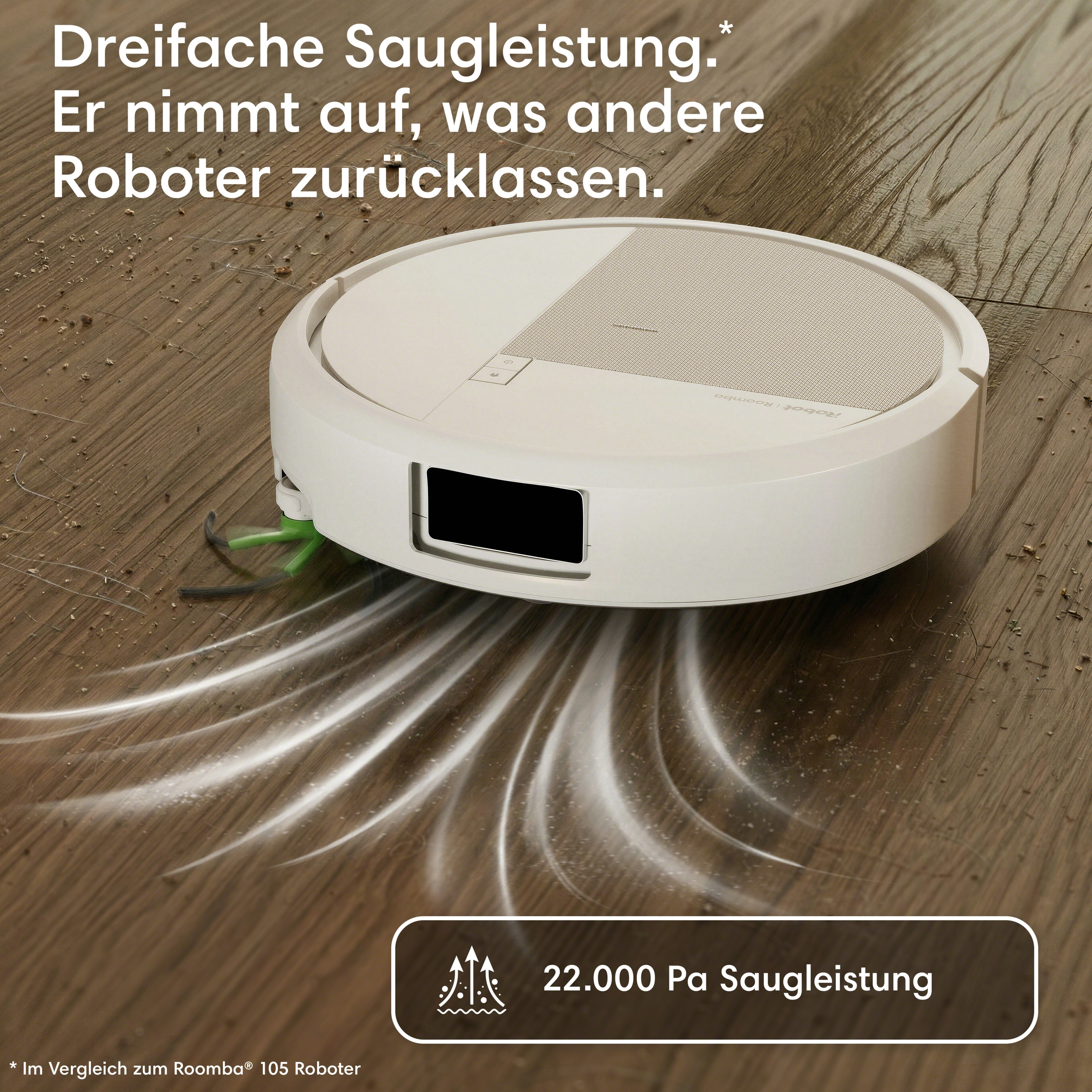Ein weißer Saugroboter reinigt einen Holzboden mit 22.000 Pa Saugleistung.