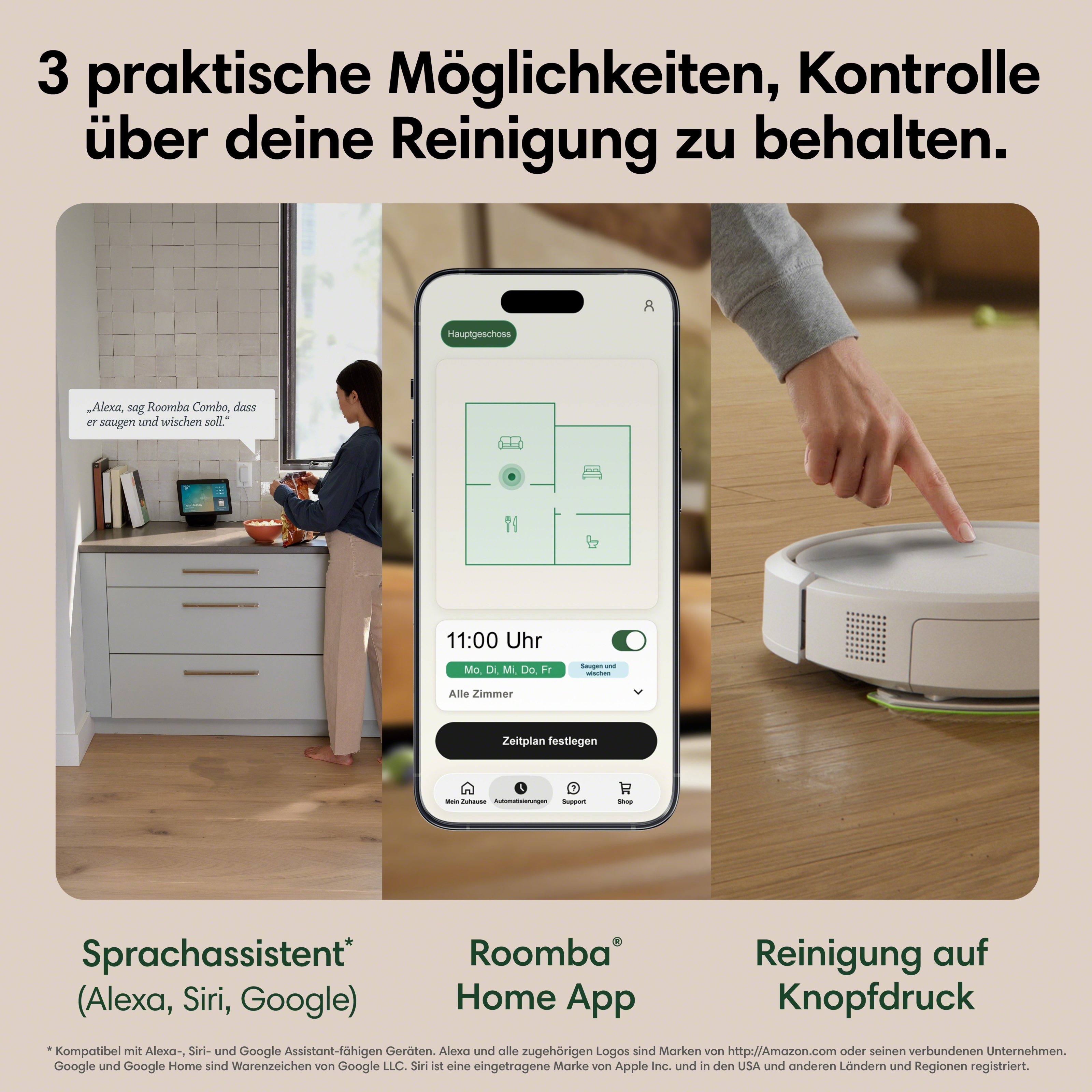 Drei Wege zur Hausreinigung: Sprachassistenz, App-Steuerung und Knopfdruck.