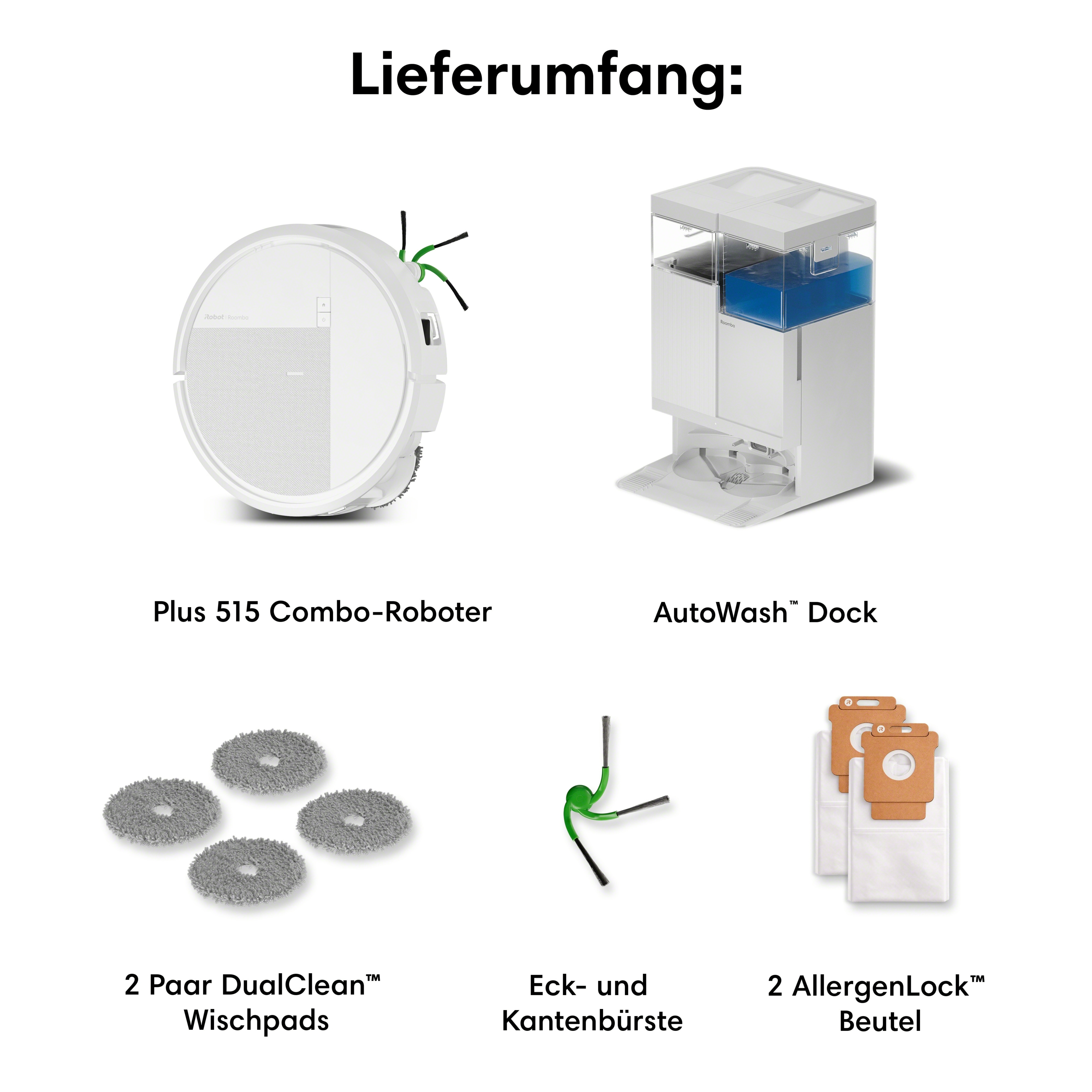 Lieferumfang: Roboter, Dock, Wischtücher, Bürste und Beutel.