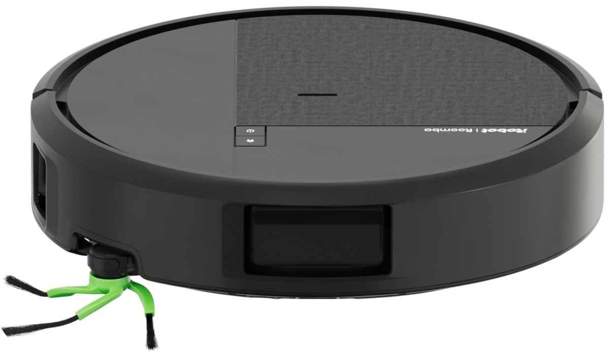 Ein runder schwarzer Saugroboter mit grünen Seitenbürsten und iRobot Roomba Logo.