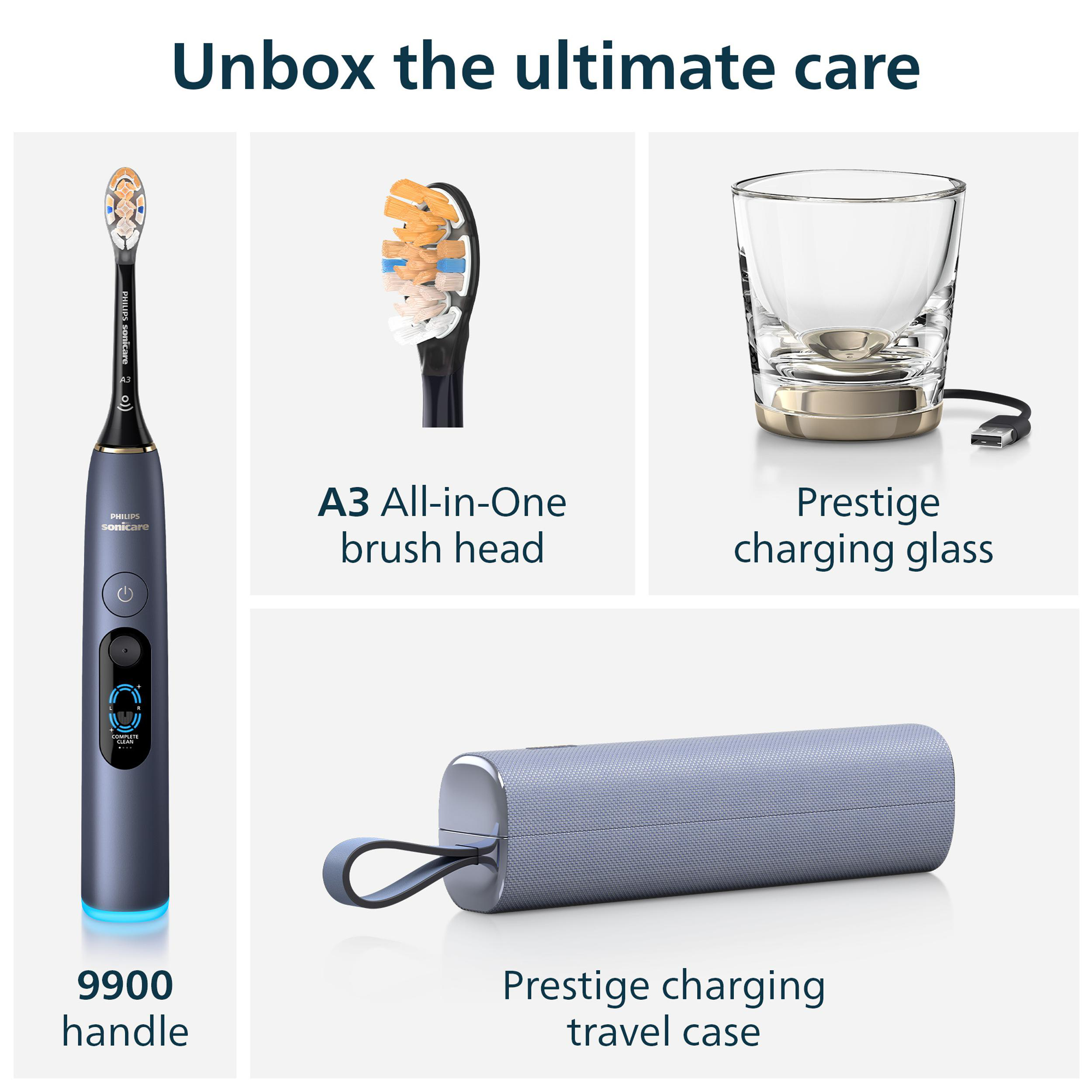 Ein Philips Sonicare 9900 Griff, Bürstenkopf, Glasladegerät und Reiseetui.