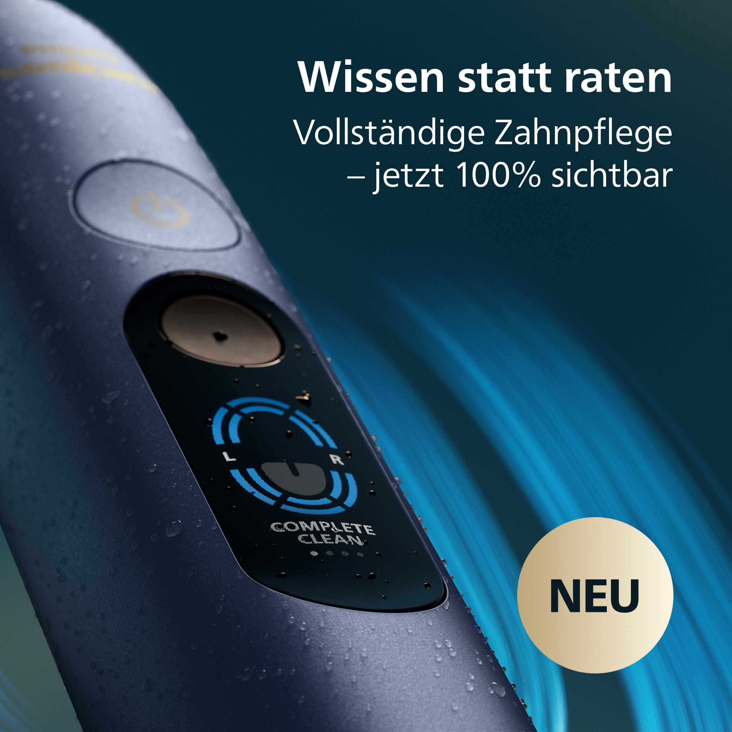Dunkelblaue Zahnbürste mit Wassertropfen, "NEU"-Siegel und Text.