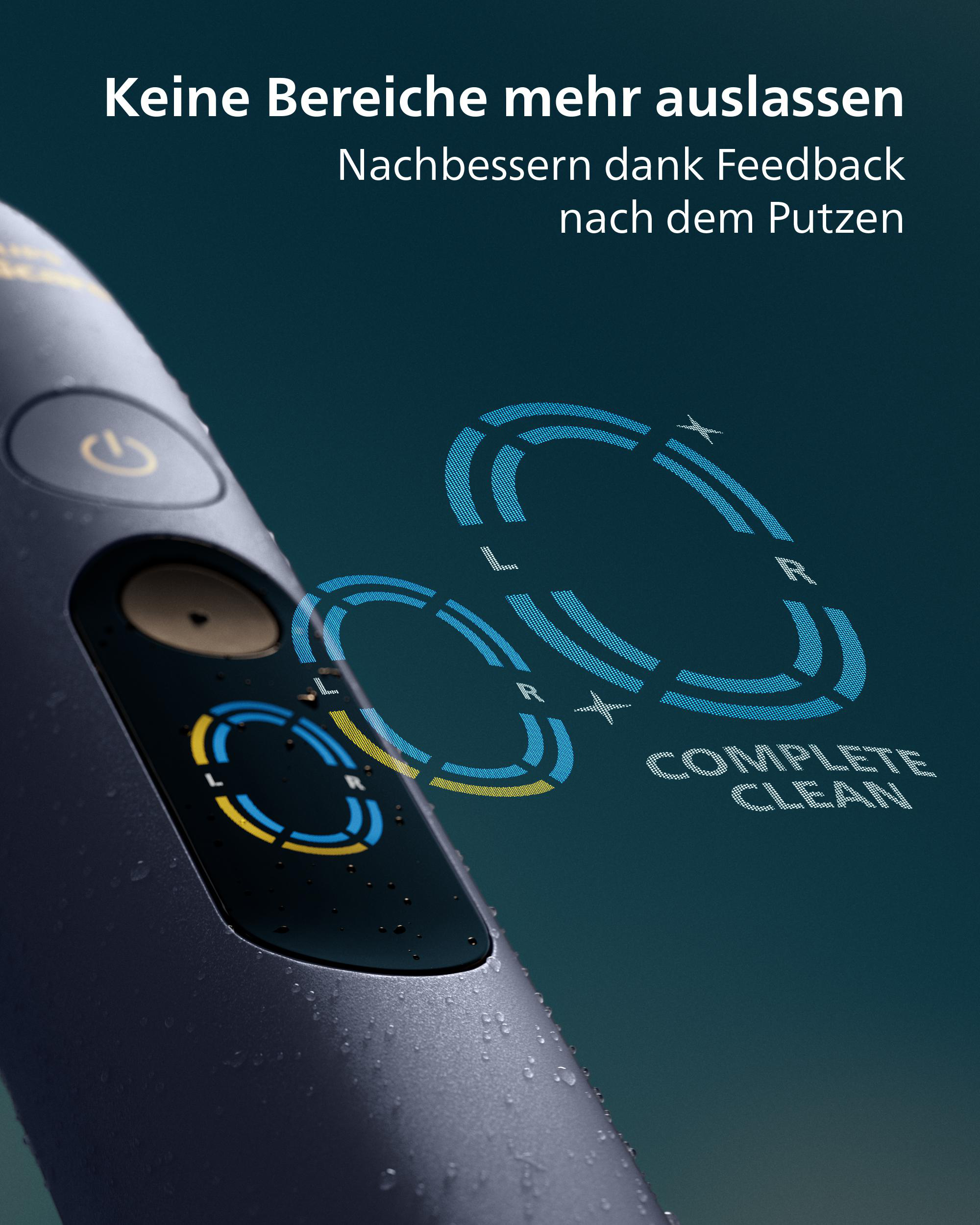 Dunkler Reiniger mit leuchtenden Anzeigen und Text, der 'Complete Clean' anzeigt.