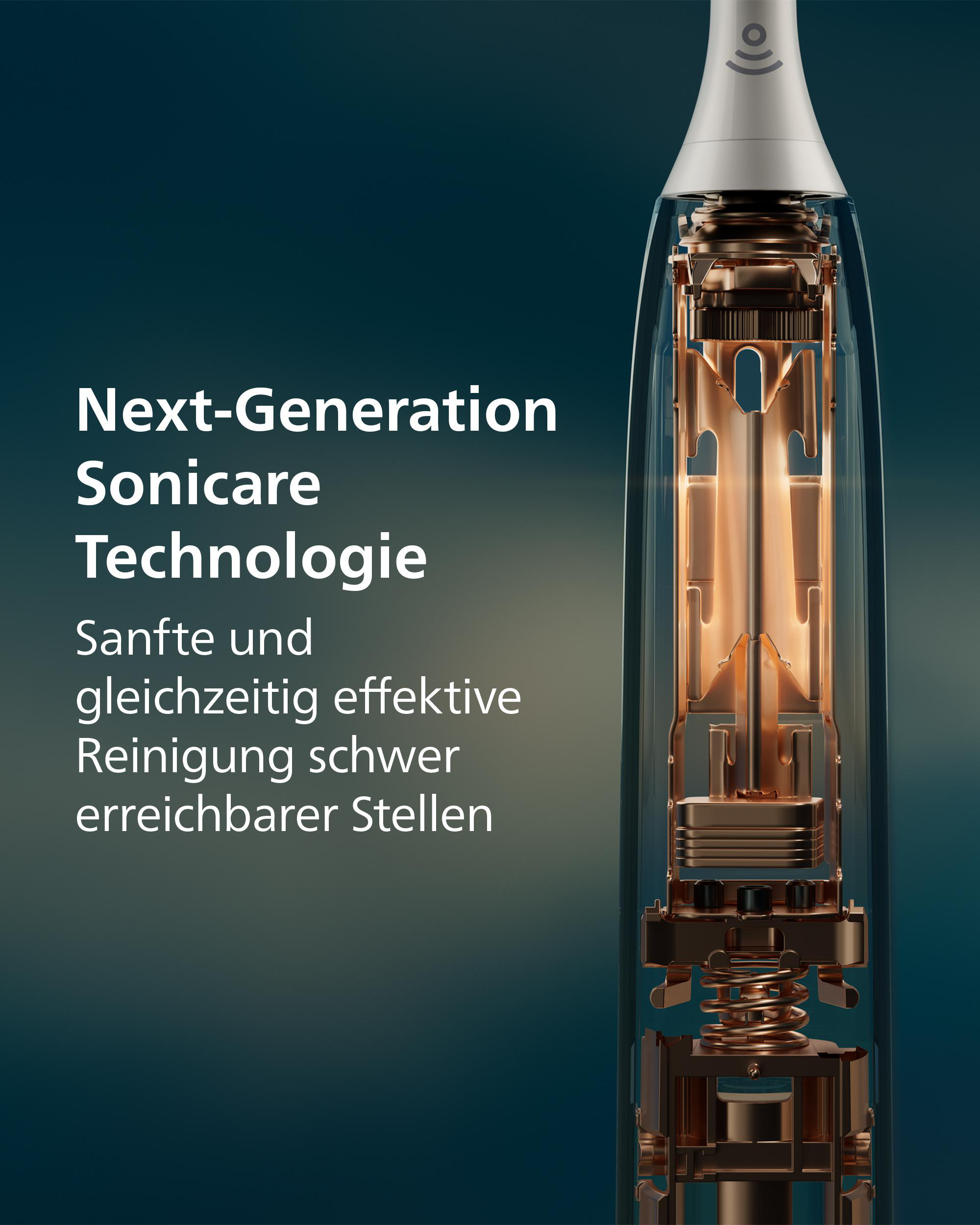 Schnittansicht einer elektrischen Zahnbürste mit Kupfermechanik und Text.