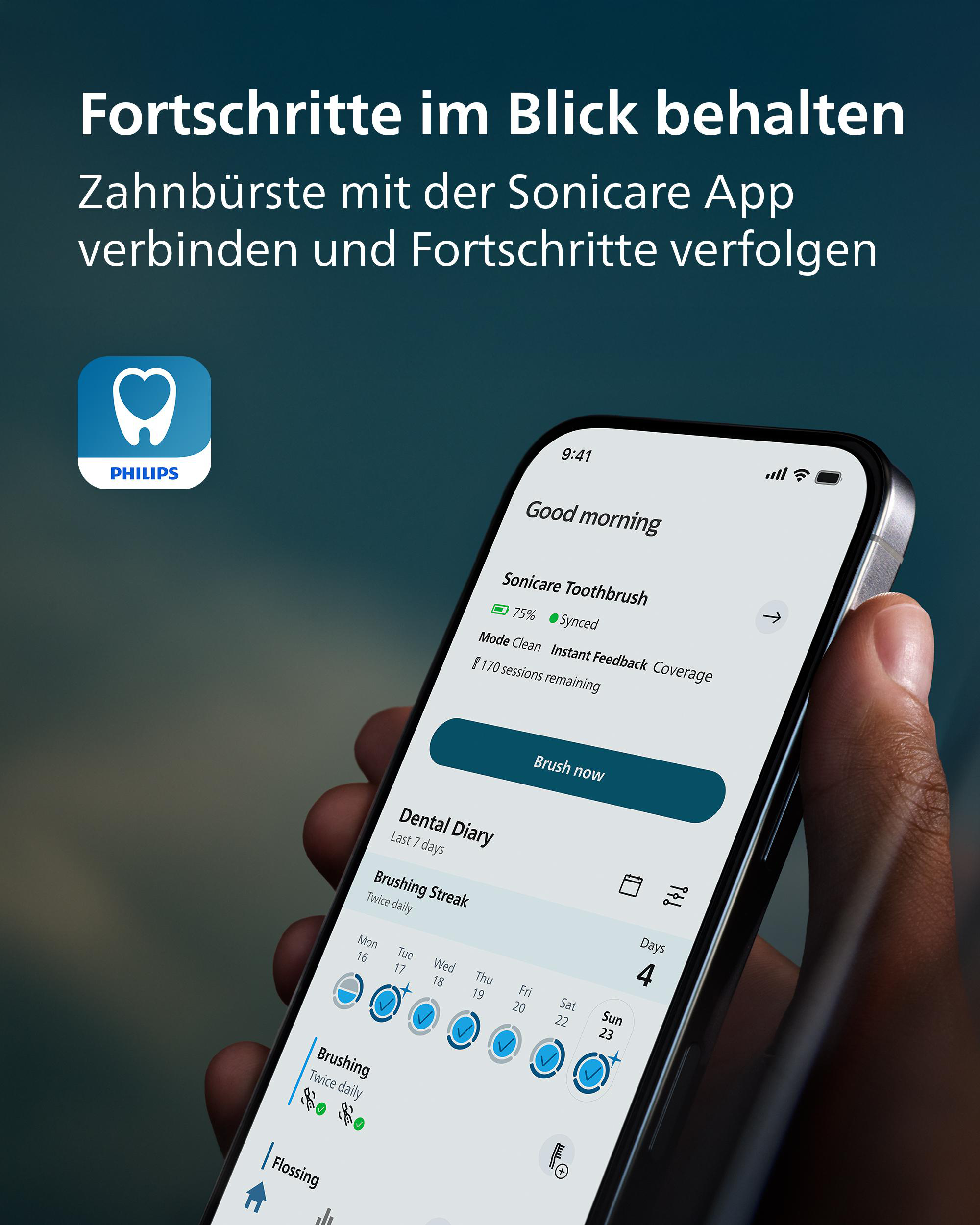 App zeigt Zahnbürsten-Fortschritt: Akku 75%, Synced, 170 Sitzungen.