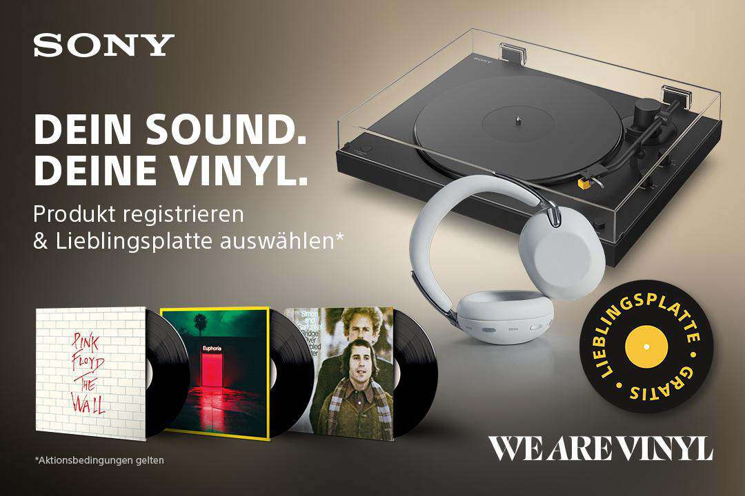 Sony Plattenspieler mit Kopfhörern und Vinyl-Schallplatten