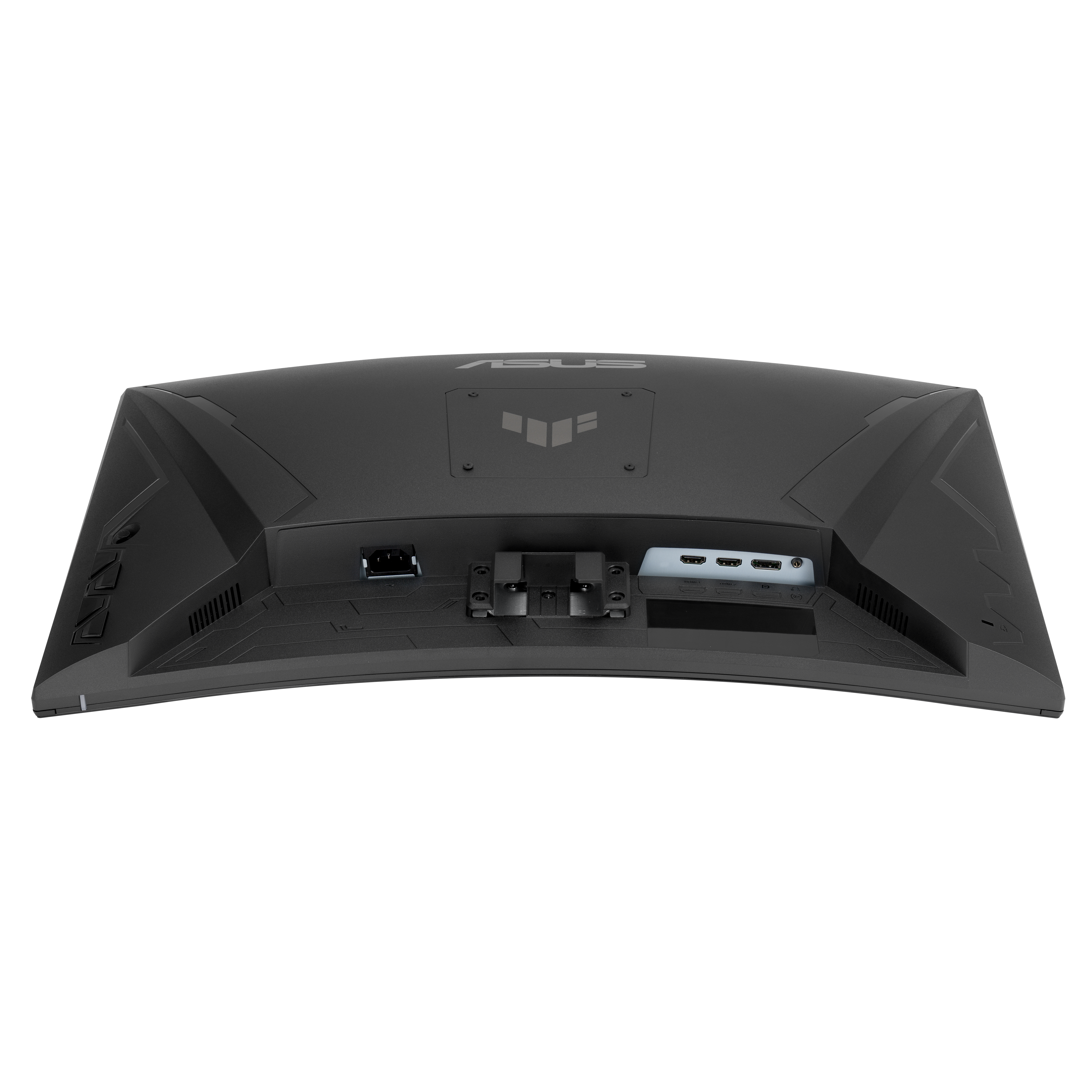Rückseite eines schwarzen Monitors mit Anschlüssen und ASUS-Logo.