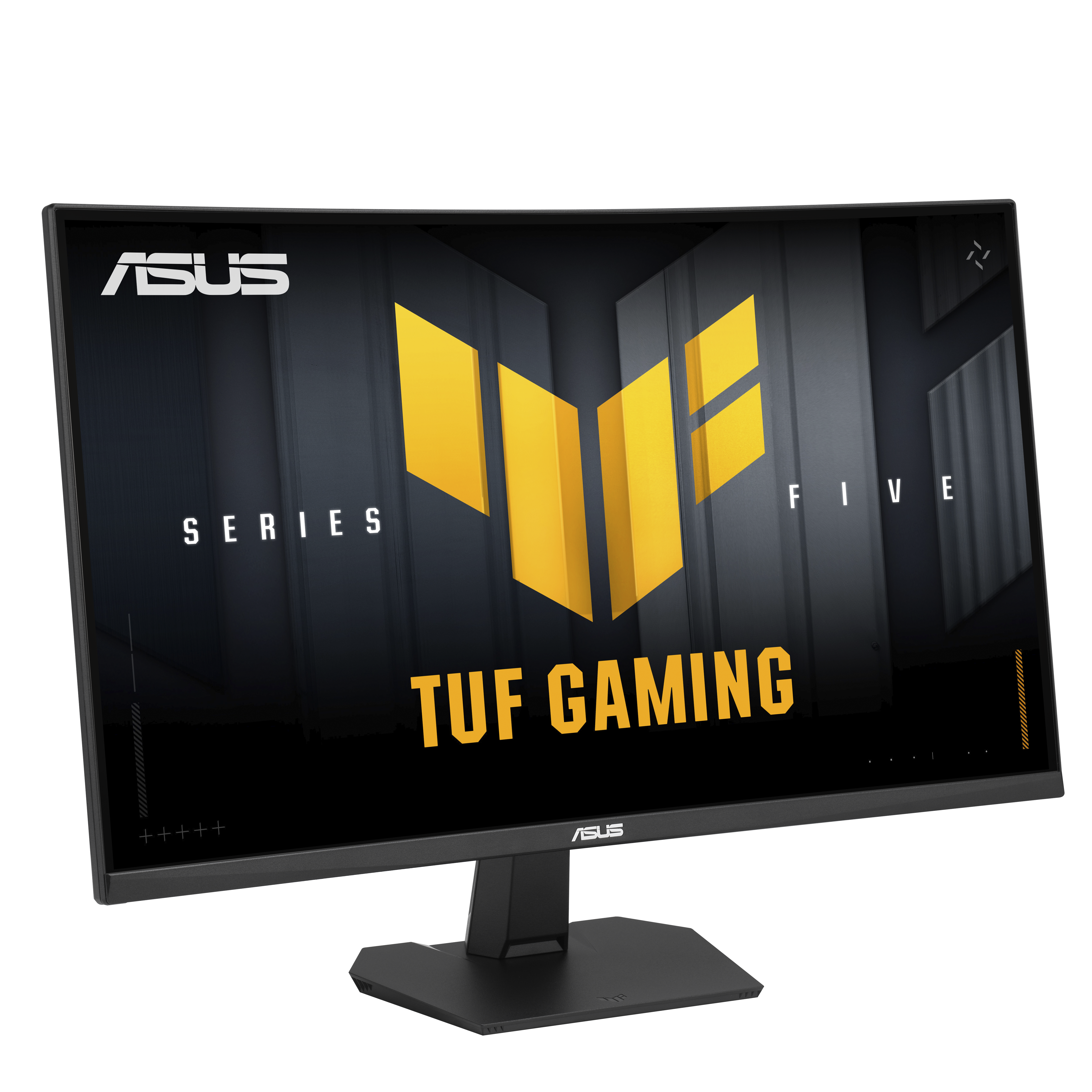 Ein schwarzer Asus TUF Gaming Monitor mit gelbem Logo und Schriftzug.