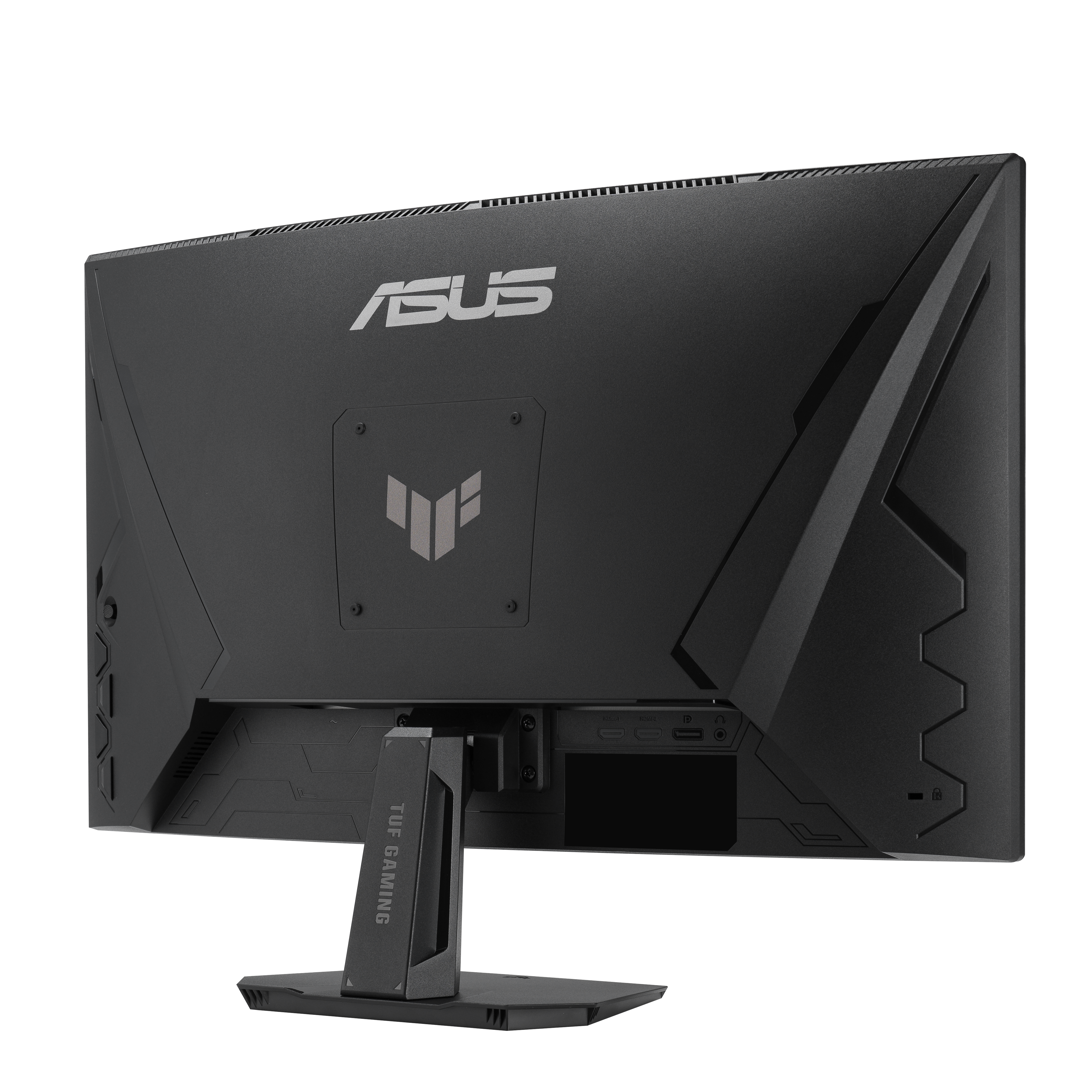 Rückseite eines schwarzen Asus Gaming-Monitors mit Standfuß und Anschlüssen.