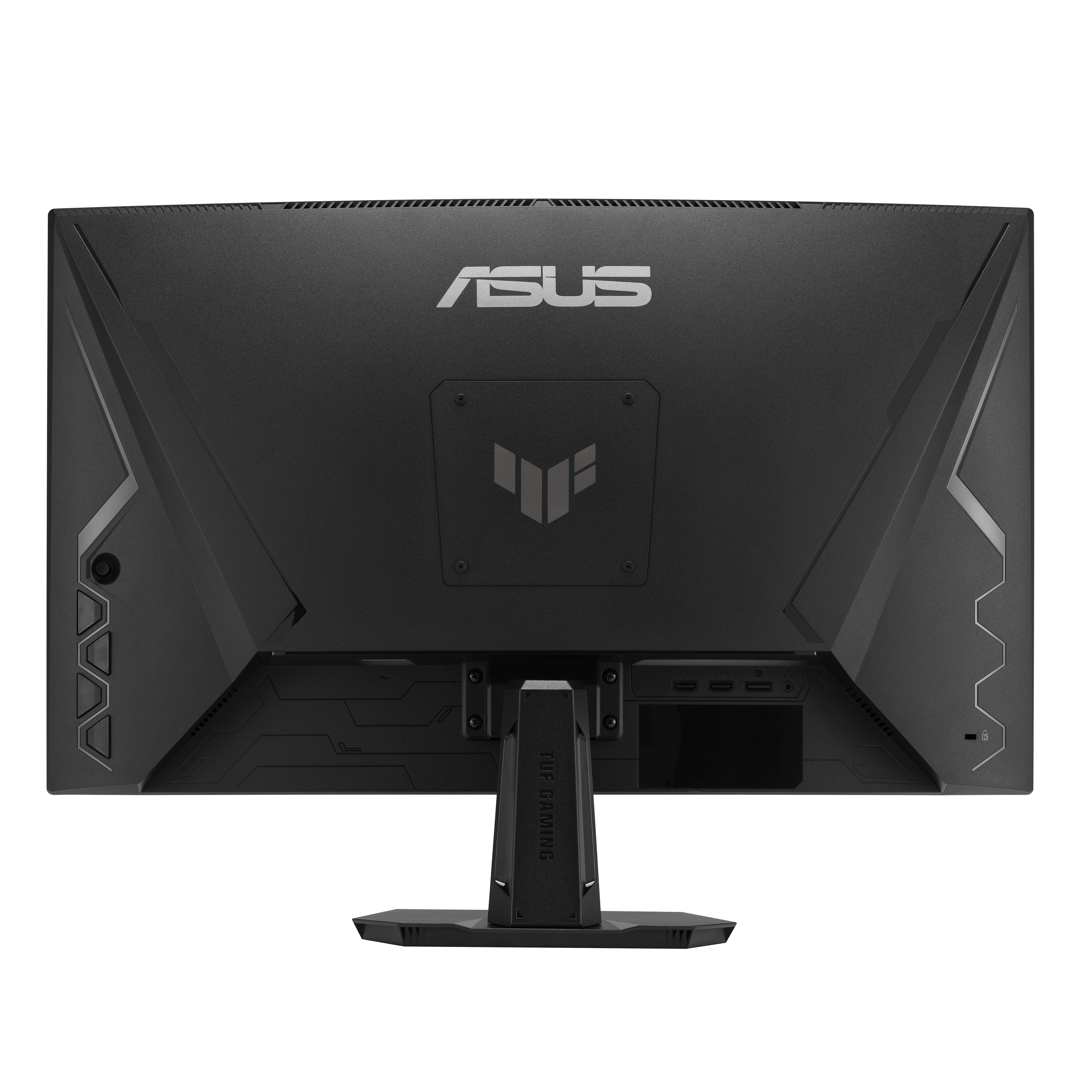 Rückseite eines schwarzen Asus Gaming-Monitors mit Anschlüssen und Logo.
