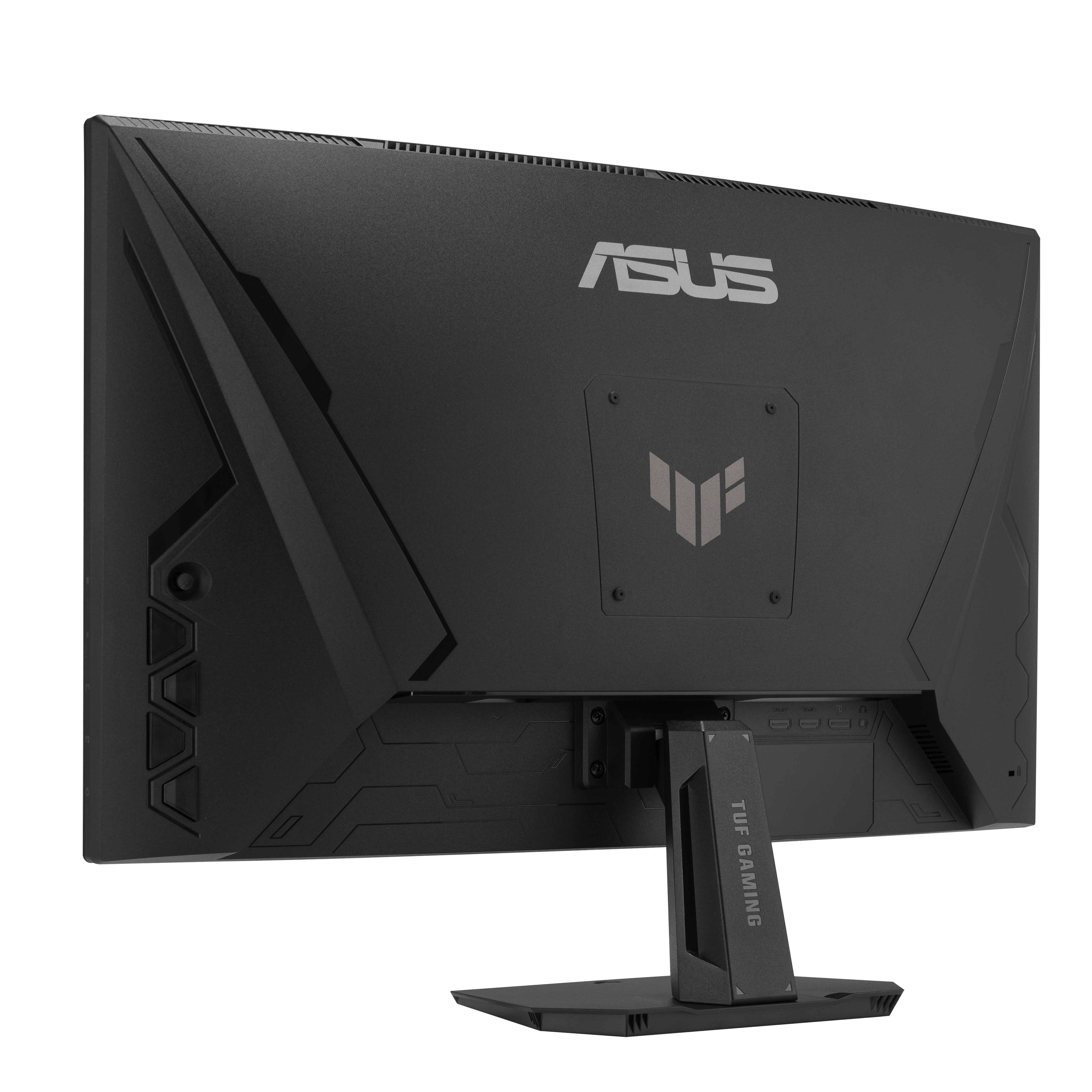 Rückseite eines schwarzen Asus Gaming-Monitors mit TUF-Logo und Standfuß.