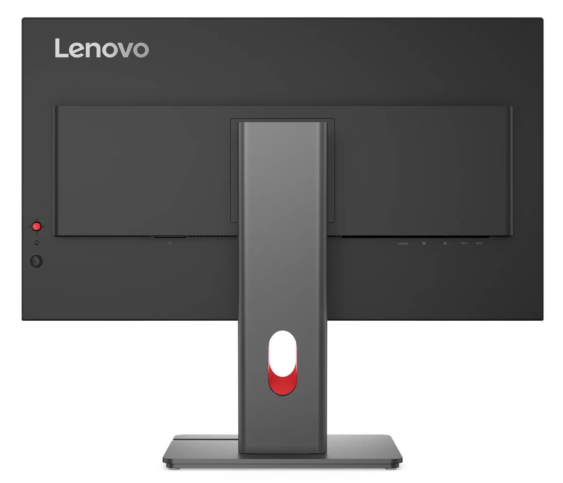 Tył czarnego monitora Lenovo ze srebrną podstawą i portami.