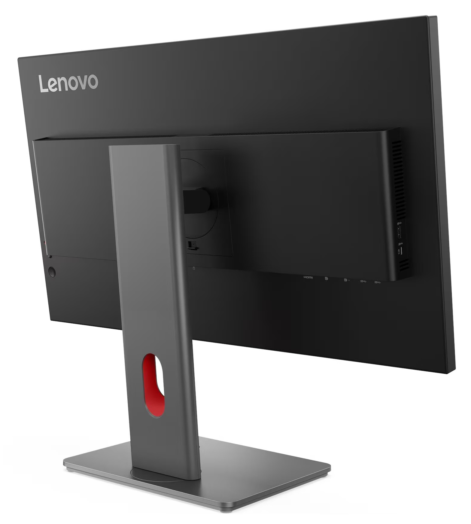 Tył czarnego monitora Lenovo z portami HDMI i szarym stojakiem.