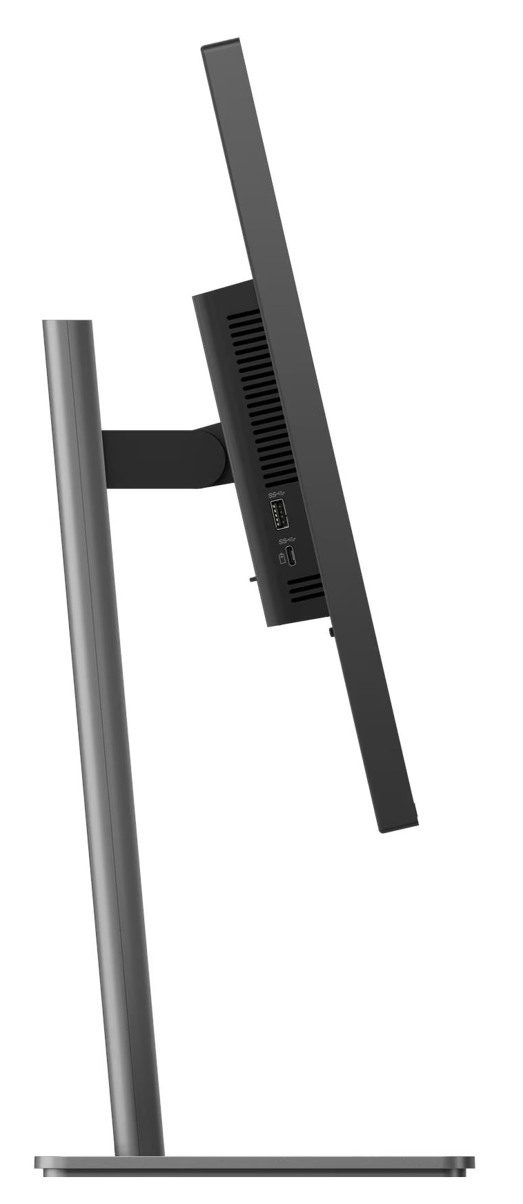 Widok z boku czarnego monitora z portami USB i otworami wentylacyjnymi.