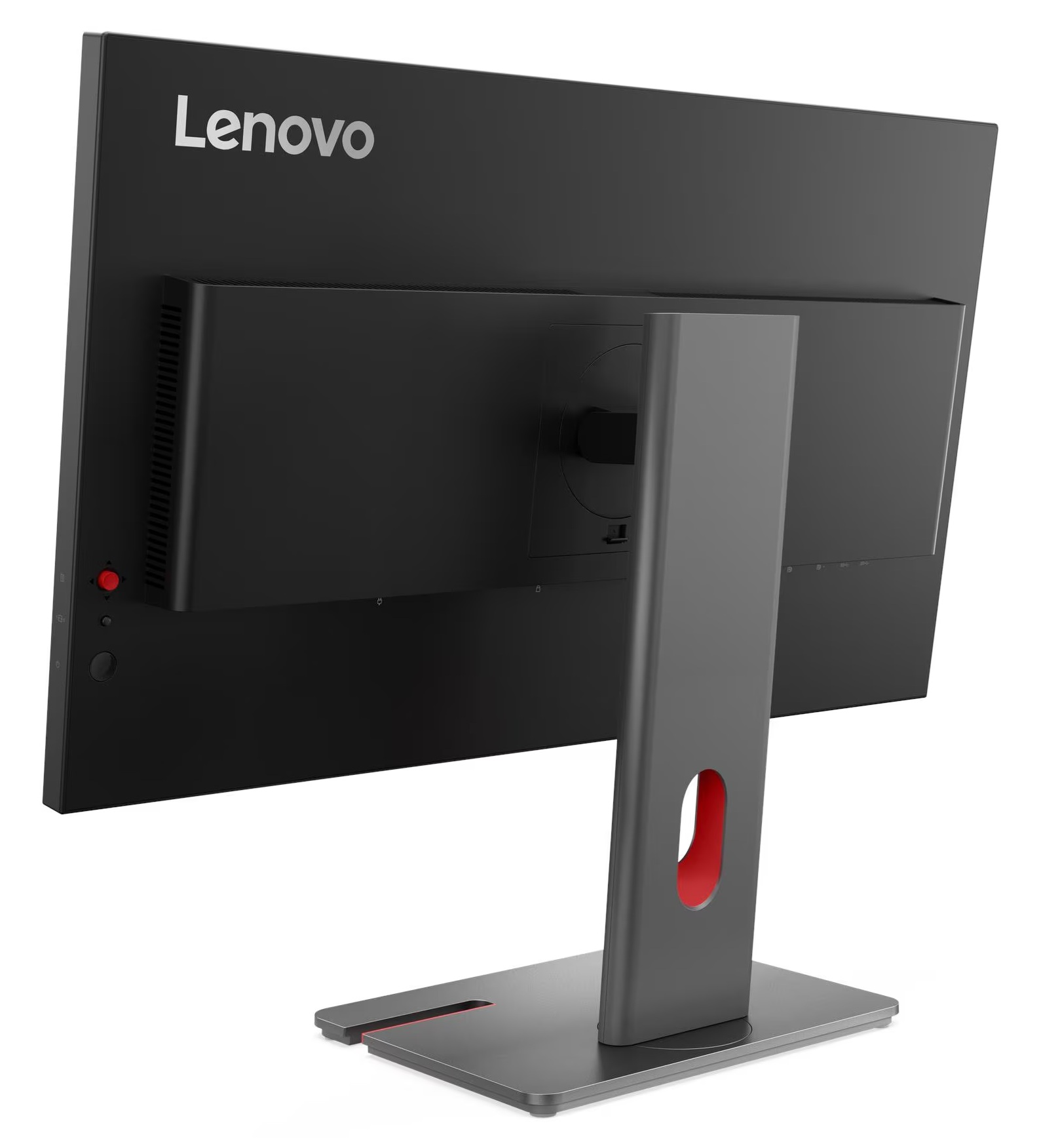 Tył czarnego monitora Lenovo z czerwonym akcentem na podstawie.