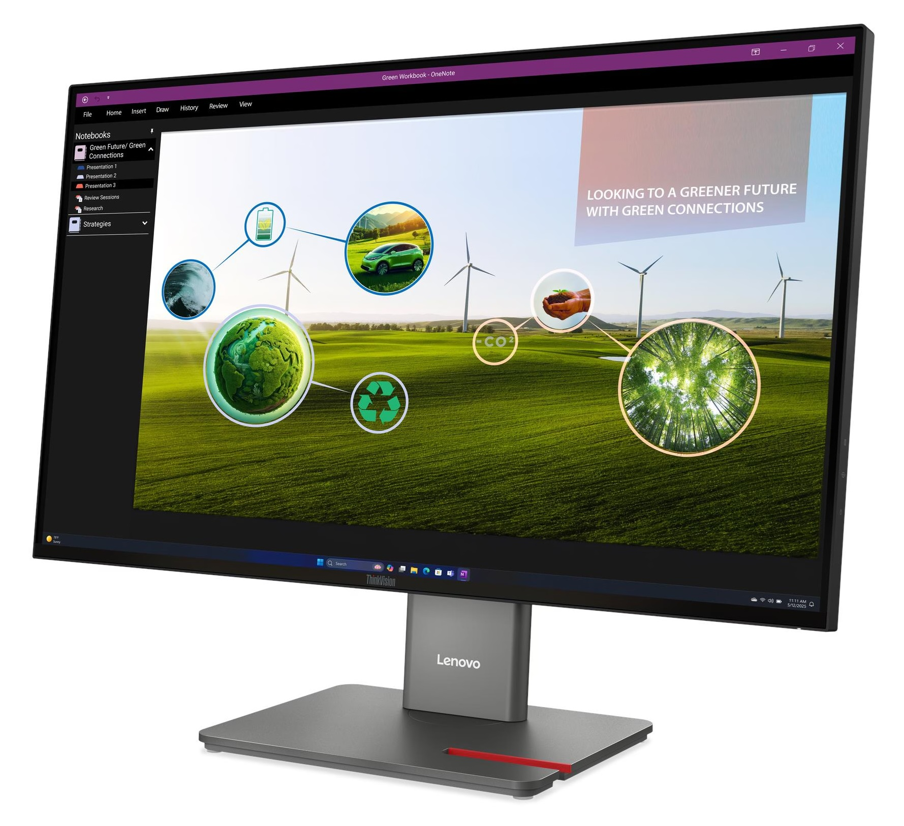 Monitor Lenovo wyświetla stronę OneNote o zielonej energii, z turbinami wiatrowymi i zielonym samochodem.