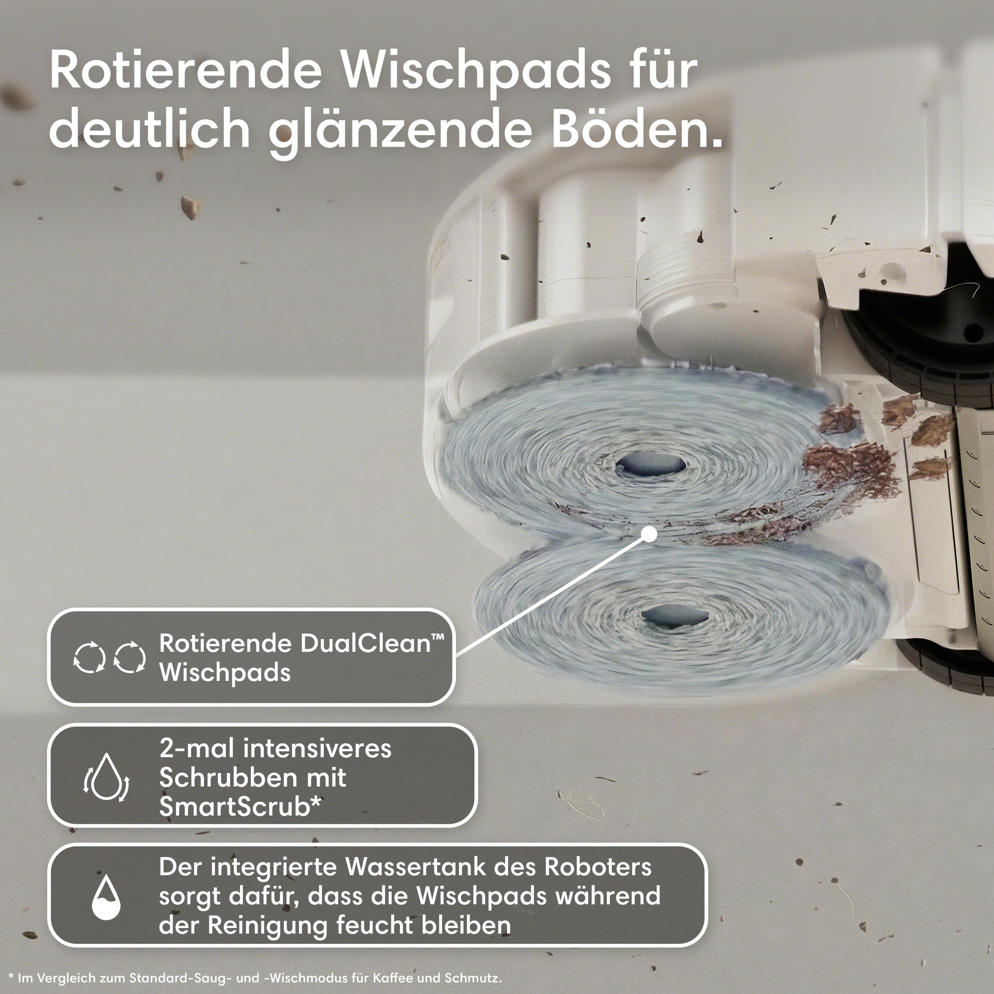 Rotierende Wischpads und Schmutzpartikel auf einem hellen Boden.