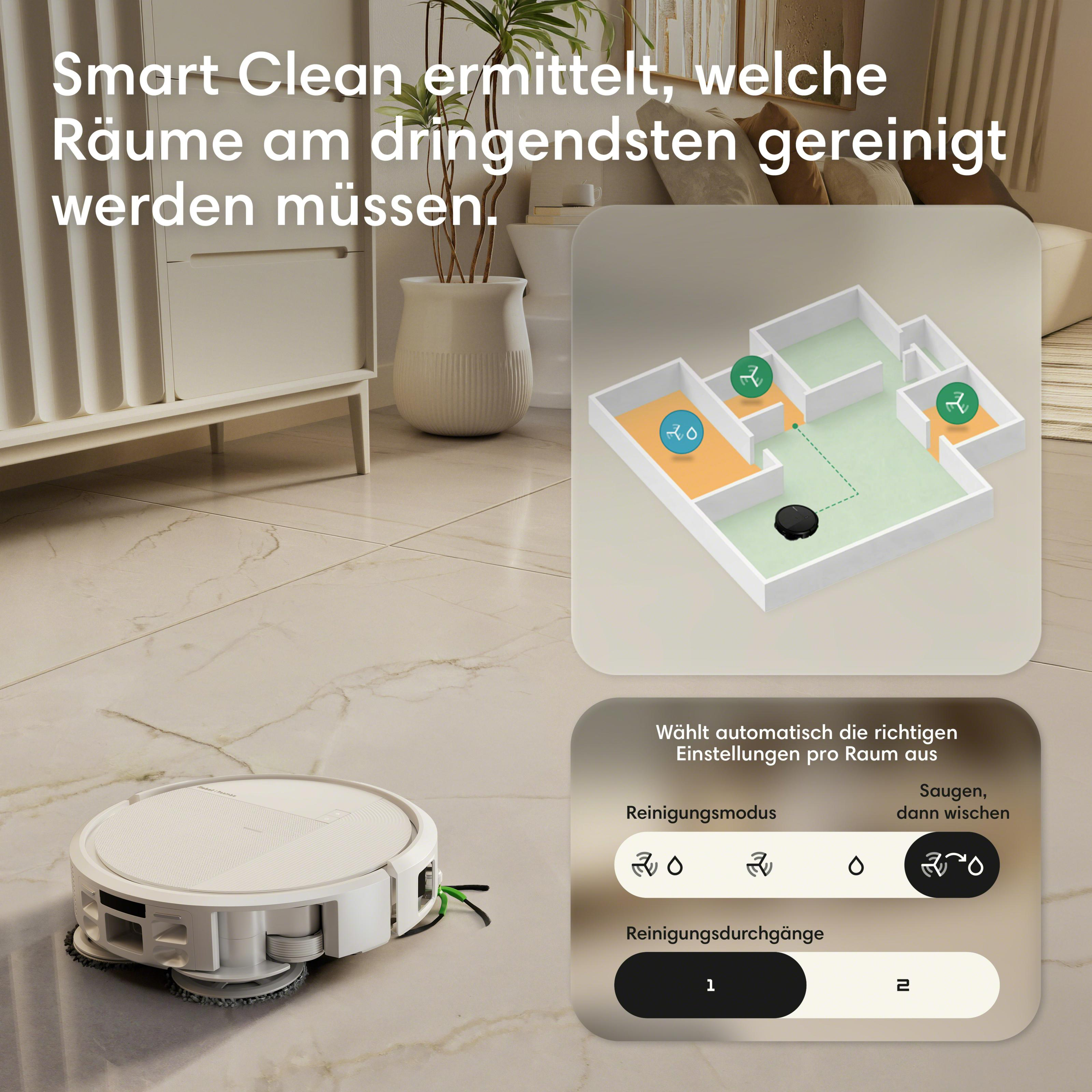Ein weißer Saugroboter auf Marmorboden mit einer App-Ansicht des Grundrisses.