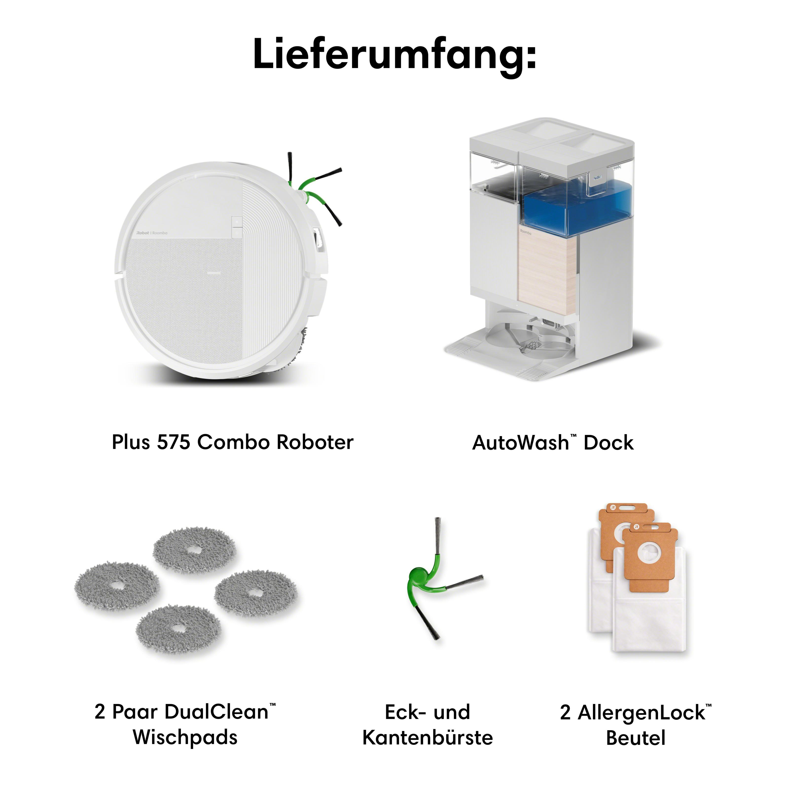 Lieferumfang: Roboter, Dock, Wischpads, Bürsten, Staubbeutel.
