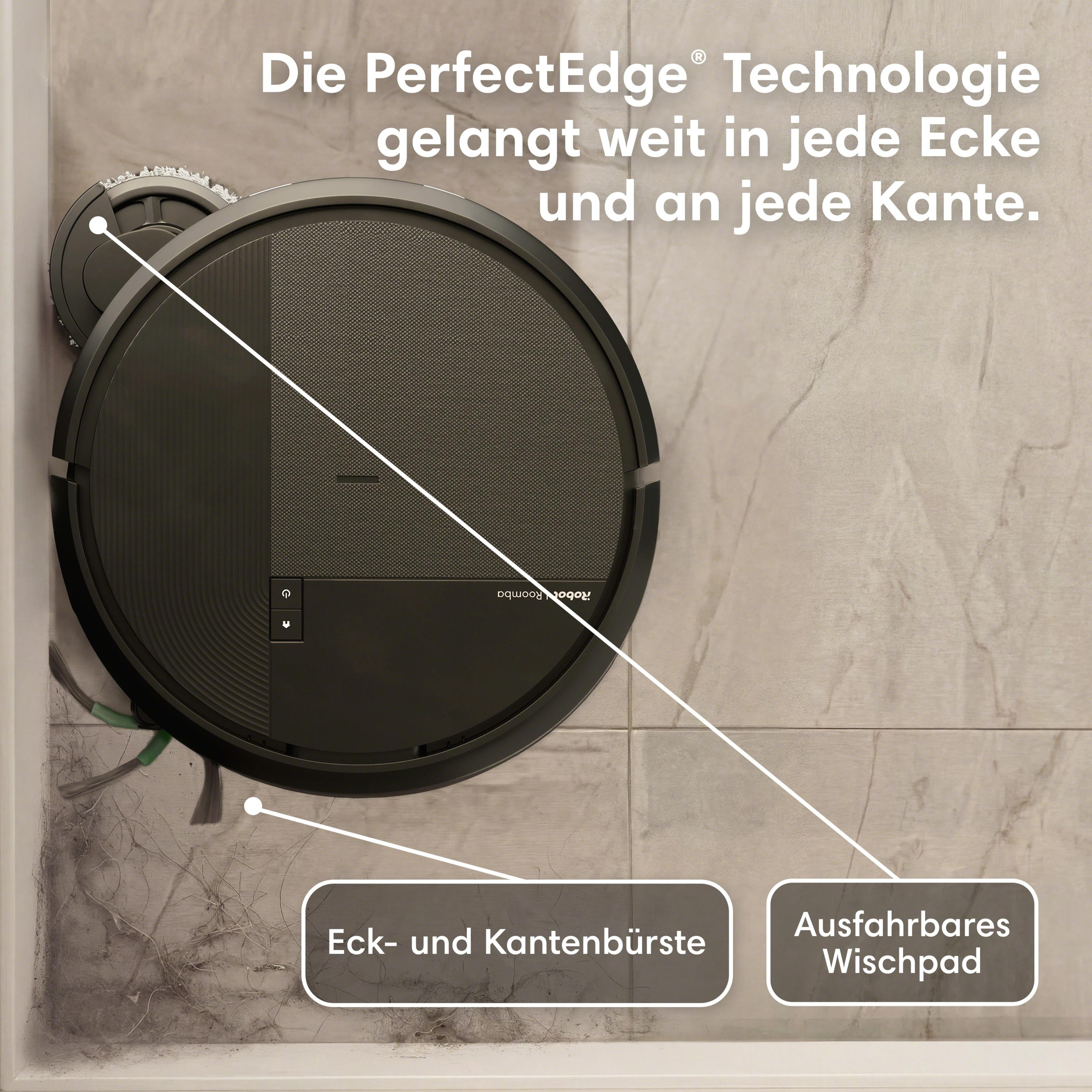 Ein schwarzer Saugroboter reinigt eine schmutzige Ecke. Beschriftungen heben hervor.